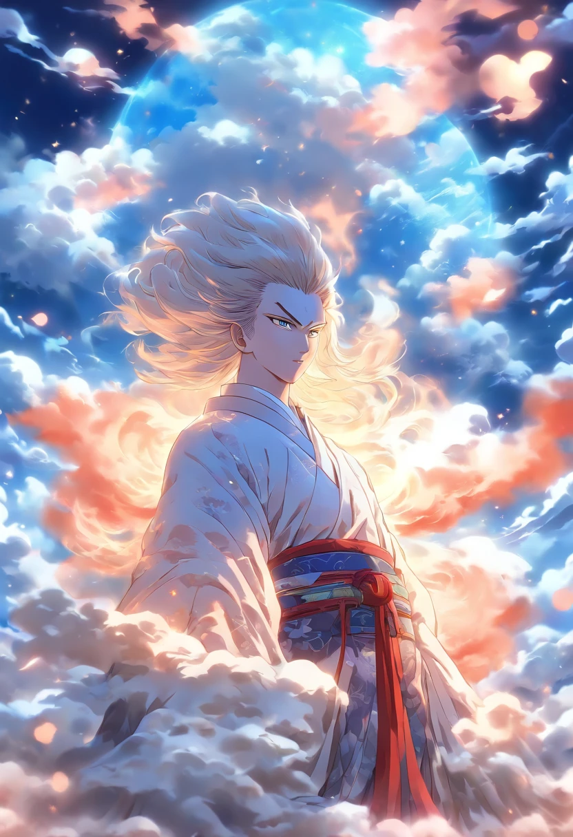 (((transparent hair))) best quality, ultra-high resolution, 4K detailed CG, master piece, Tsukuyomi, man, white and blue clothes, clouds, moon in the background, Japanese mythology, Japan, Shui Mo Hua, Painting style Chinese, Thangka Style, aesthetics, Beautiful image, depth of field, centered on the screen