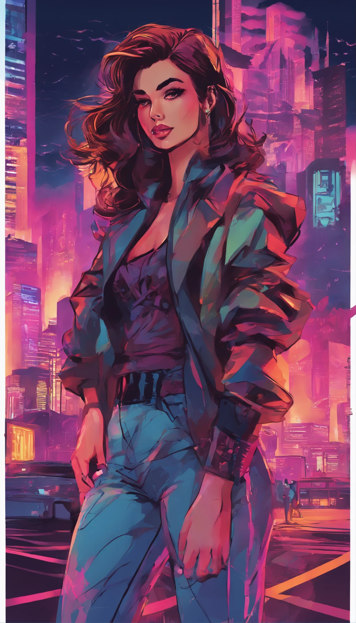 A woman with mid-length wavy brown hair, vibrant eyes, and beautiful detailed lips stands in the foreground. Her hair has a natural flow and movement, adding to her overall beauty. The city skyline is set in the background, creating a dynamic contrast between the urban environment and the woman's peaceful presence.
The woman is dressed in stylish 80's fashion, with a retro-inspired outfit that includes a colorful off-shoulder top and high-waisted jeans. Her fashion choices reflect the vibrant and nostalgic atmosphere of the 80s synthwave vibe.
The cityscape behind her showcases neon lights illuminating the streets and buildings, giving off a futuristic and vibrant feel. The tall buildings are adorned with digital billboards displaying captivating images and glimmering lights.
To enhance the overall quality of the image, the prompt should include tags such as "(best quality, 4k, 8k, highres, masterpiece:1.2)", "ultra-detailed", and "realistic" or "photorealistic:1.37". These tags ensure that the final output is of the highest resolution and showcases every intricate detail.
In terms of art style, incorporating elements of synthwave, retrowave, or vaporwave would complement the 80's theme. The colors should be vivid and vibrant, with a heavy emphasis on neon hues and contrasts. Adding tags like "vibrant colors" and "retrowave aesthetics" would capture the essence of the 80s synthwave vibe.
Lastly, to complete the image, the lighting should be carefully considered. Illumination from the city lights creates an atmospheric glow, casting a warm and enchanting ambiance on the woman and her surroundings. Adding tags like "city lights", "nighttime illumination", and "glowing atmosphere" would describe the desired lighting effects.
Remember to keep the prompt concise and within the specified limits, while still capturing the key elements and details that bring the image to life.