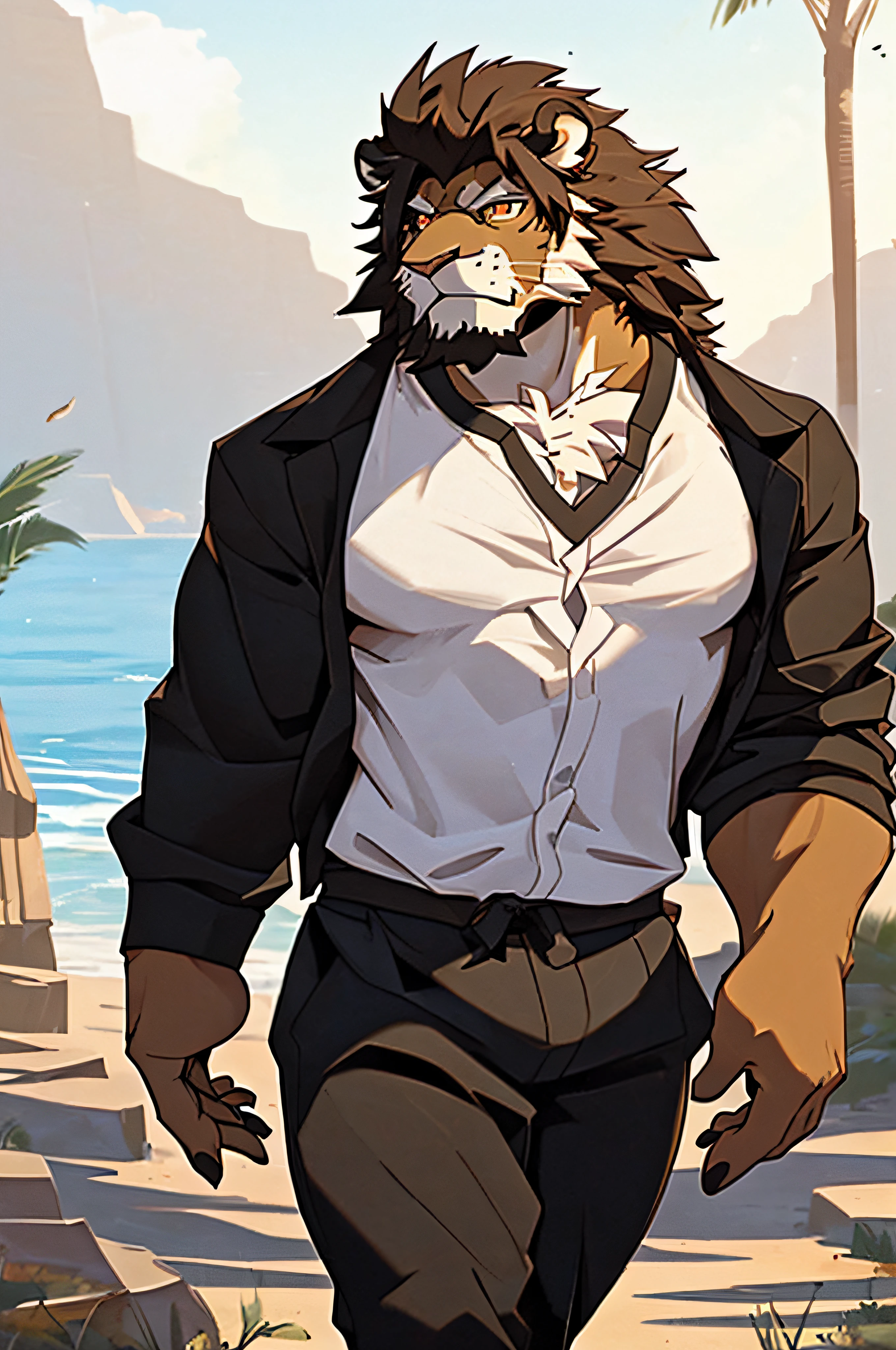 ((Obra maestra, La mejor calidad)) a brown-skinned Lion, pelo de color ????? largo medio recogido, ojos de color negros. Camisa con cuadros desabrochado por encima y una camiseta por debajo blanca, Elegant black trousers, with a relaxed pose while walking with an empty expression