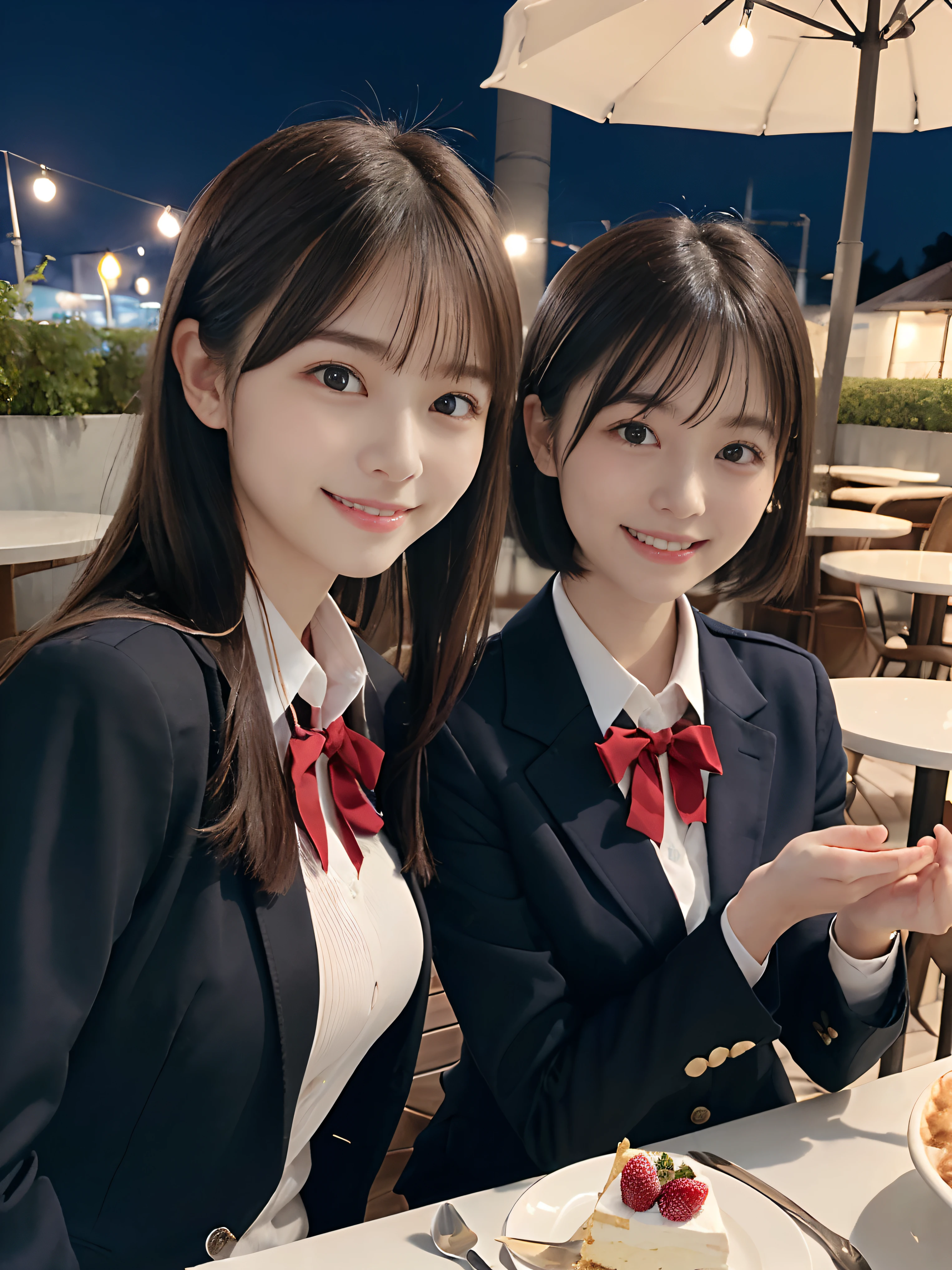(Close up portrait of two girls with slender small breasts, Girl with long hair with dull bangs in winter blazer uniform, Another girl with short hair in winter blazer uniform:1.5)、(Two girls eating cheesecake with smiles on café terrace:1.5)、(Cafe at night :1.5)、(Perfect Anatomy:1.3)、(complete hands:1.3)、(complete fingers:1.3)、Photorealsitic、Raw photography、masutepiece、top-quality、hight resolution、delicate and pretty、face perfect、Beautiful detailed eyes、Fair skin、Real Human Skin、((thin legs))、(Dark hair)