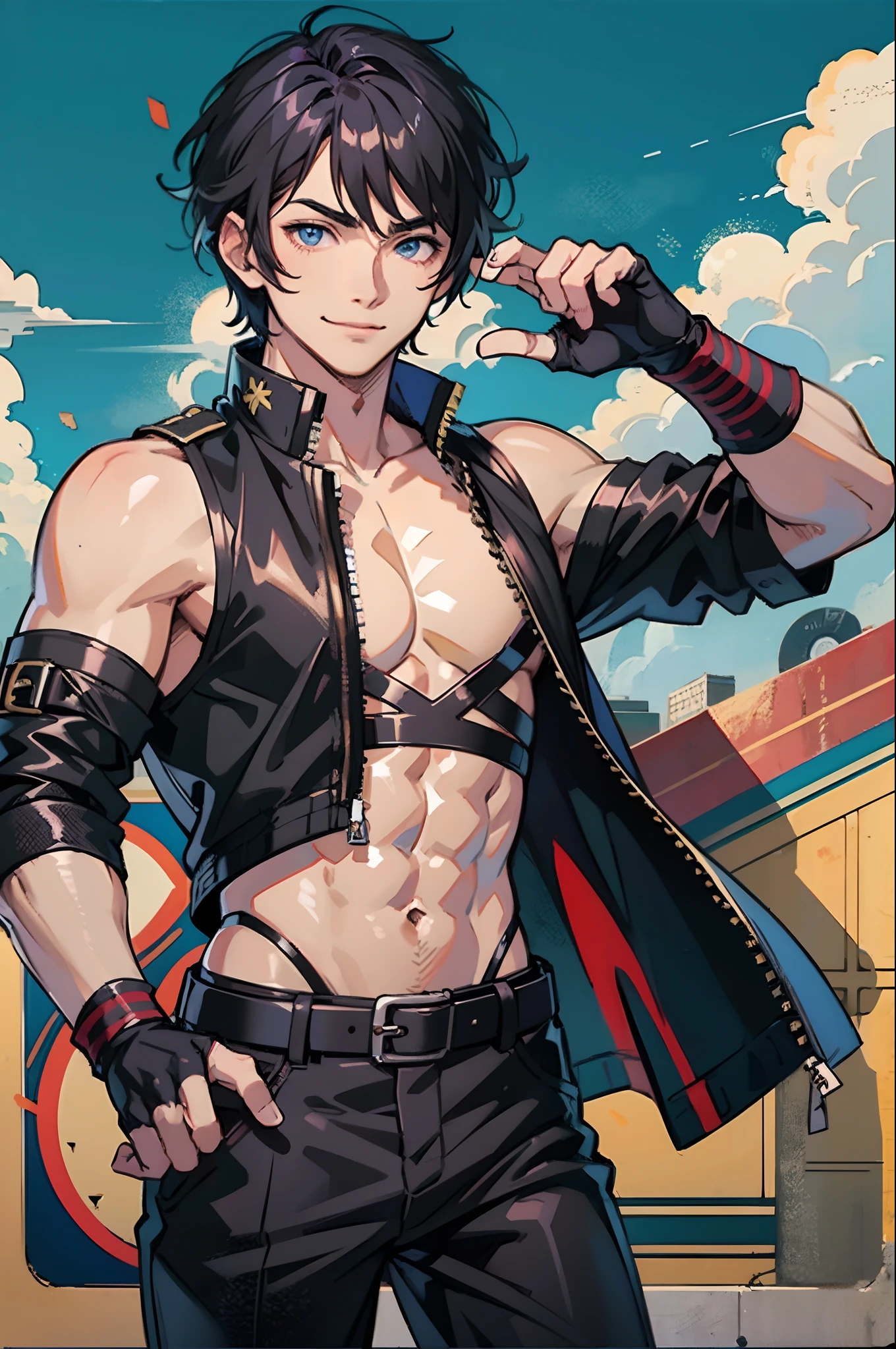 masterpiece, best quality, anime boy character, black tank top, belt, black pants, fingerless gloves, furrowed brow, smile, looking at viewer, military complex. --auto --s2