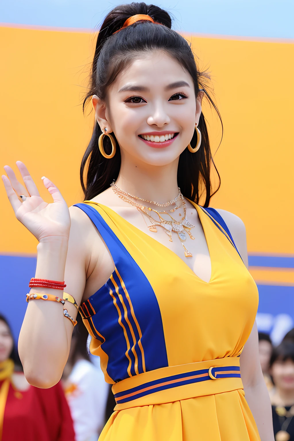 (extra detailed body、extra detailed face、best qualtiy:1.2)、femele、looking at the viewers、((a smile、Fashion show wacky clothes with strong contrast of yellow and orange and red、asymmetry、Fancy piercings、a necklace、A bracelet)、(sky in a background)