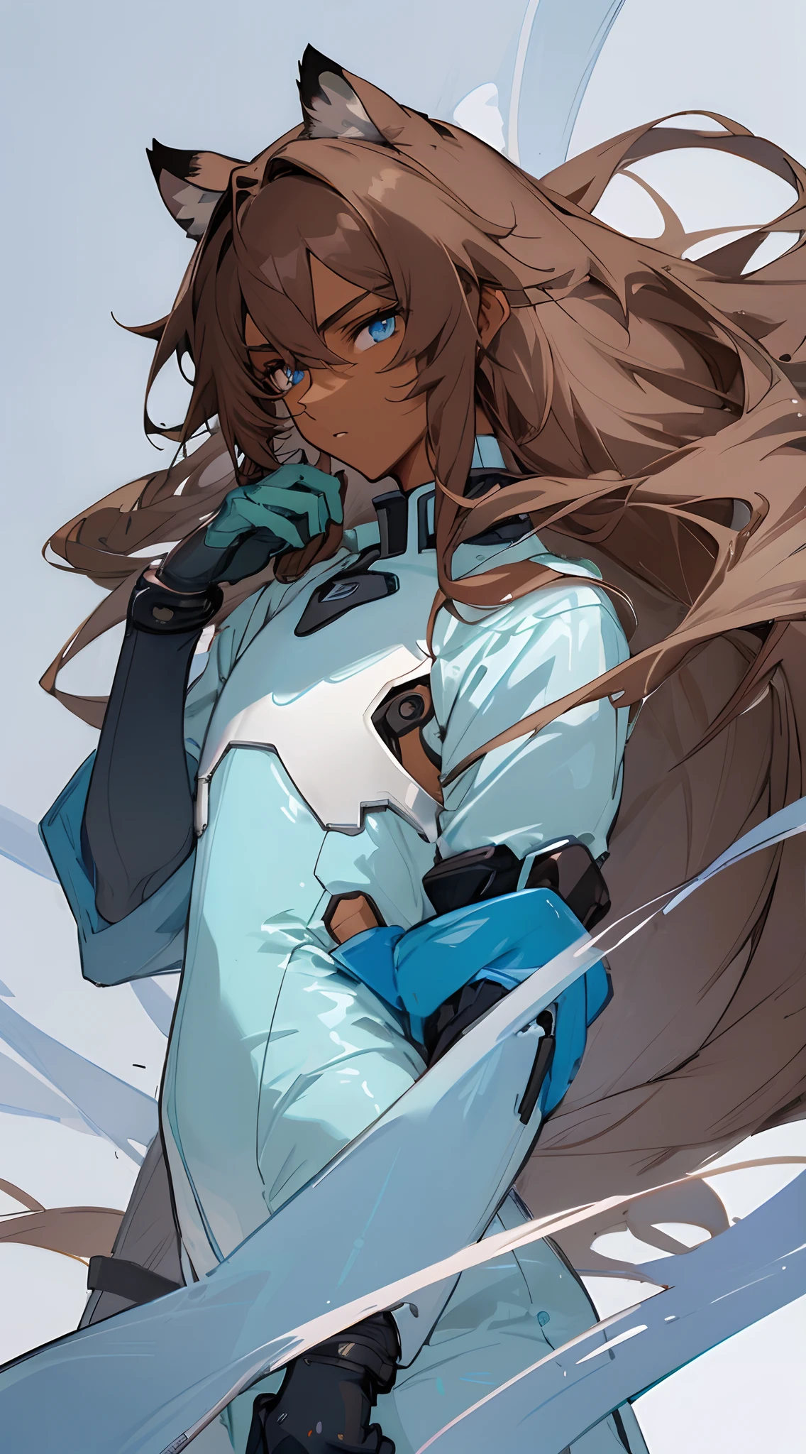 (masterpiece, best quality) detailed, 1Character , blue archive art style ,  pastel washed out colors , cell shade , soft, muted shades ,gentle colors ,

Wearing a mix of futuristic body suit and sword art online outfit. 
((Beautiful man:1)) , ((Dark skin:1.5)) , (( long hair)) , ((brown hair)) , ((male:1.4)) , full lips , light blue eyes ,((tiger ears ears:1)) ,big hair , voluminous hair , ((Skinny build)) ,effeminate , full long eyelashes , Bishounen, possess delicate and androgynous features