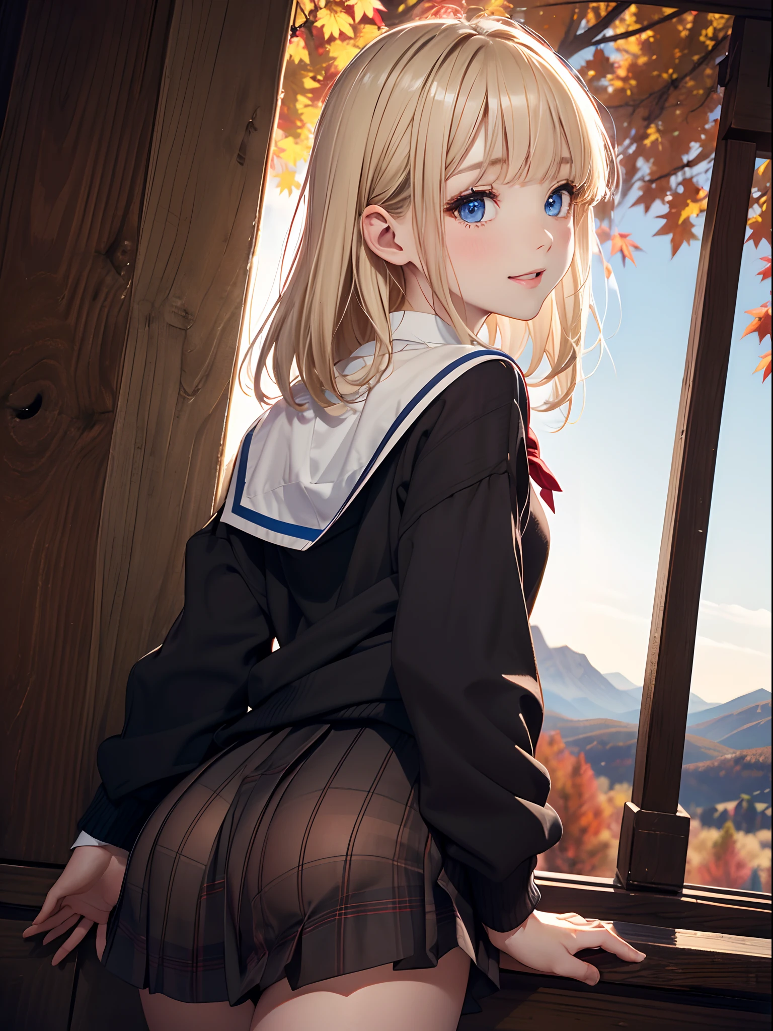 absurderes, ultra-detailliert,bright colour,(in 8K:1.3),masuter piece,extremely beautiful detailed face and eyes, 25 years old,(Smooth straight blonde hair:1.3), (Shiny hair:1.2),(Aligned bangs:1.4) Delicate beautiful face, red blush、(Deep Blue Eyes:1.3),(Sweaters)Black tights, (Mountains of autumn leaves々Looking down from the base of:1.4), (From the back:1.3),(Looking at Viewer:1.4),School uniform, Happy,(medium shot:1.4)