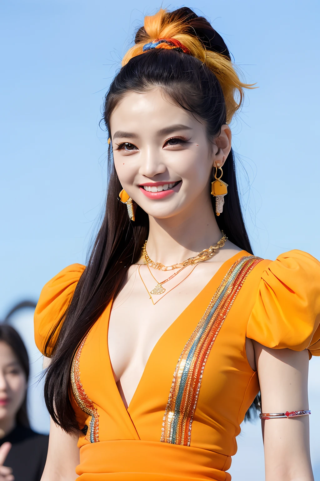 (extra detailed body、extra detailed face、best qualtiy:1.2)、femele、looking at the viewers、((a smile、Fashion show wacky clothes with strong contrast of yellow and orange and red、asymmetry、Fancy piercings、a necklace、A bracelet)、(sky in a background)