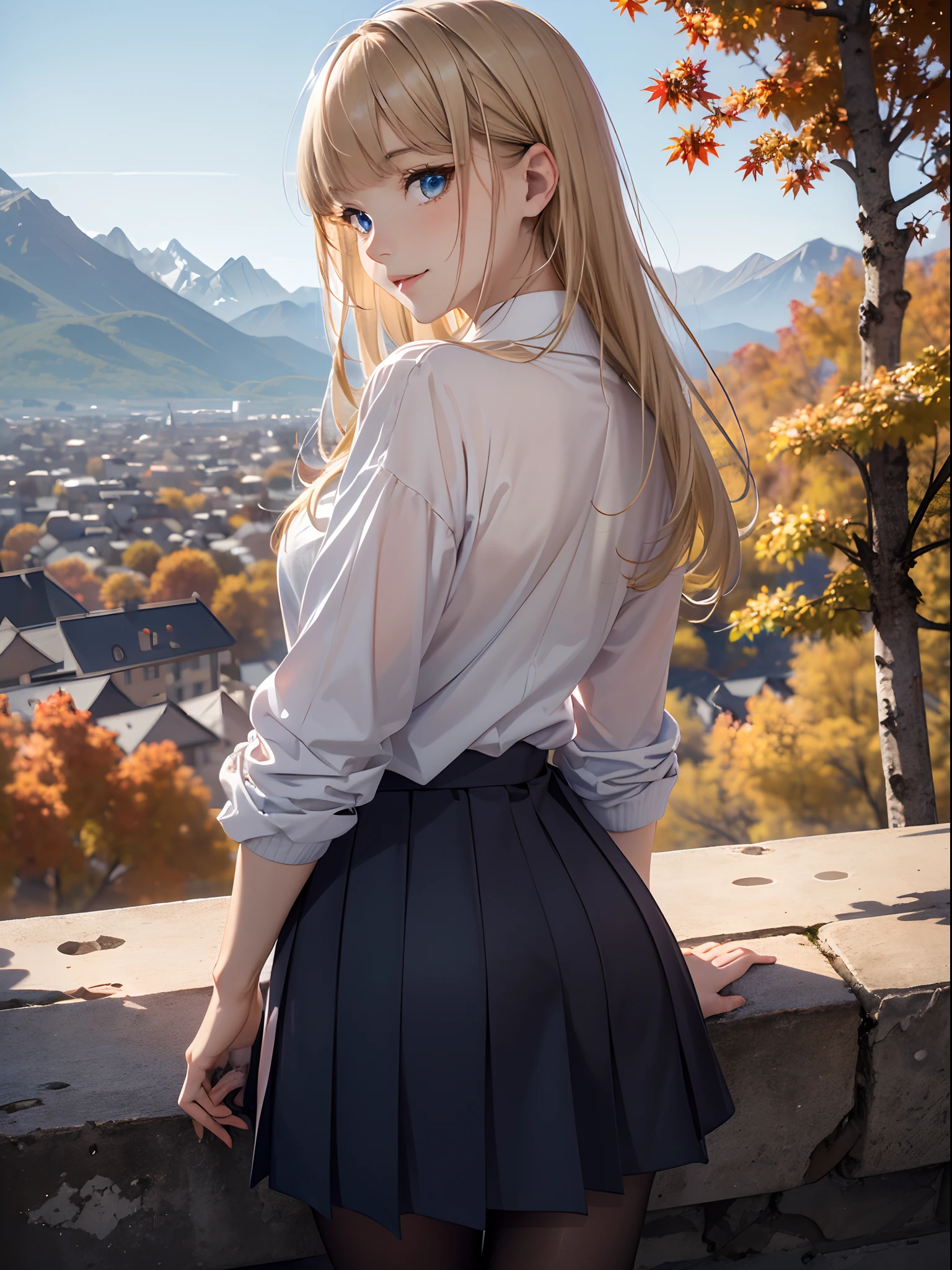 absurderes, ultra-detailliert,bright colour,(in 8K:1.3),masuter piece,extremely beautiful detailed face and eyes, 25 years old,(Smooth straight blonde hair:1.3), (Shiny hair:1.2),(Aligned bangs:1.4) Delicate beautiful face, red blush、(Deep Blue Eyes:1.3),(Sweaters)Black tights, (Mountains of autumn leaves々Looking down from the base of:1.4), (From the back:1.3),(Looking at Viewer:1.4),School uniform, Happy,(medium shot:1.4)