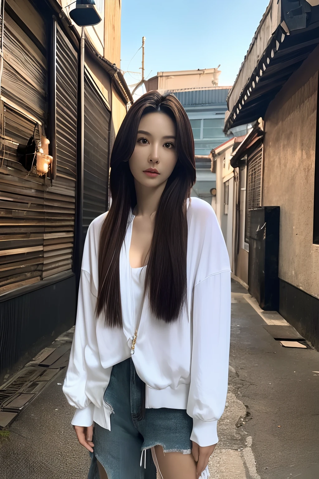 Best quality, masterpiece, ultra high res, (photorealistic:1.4), 1girl, in the dark, deep shadow, low key, (photorealistic:1.4), slim body, undone hair, japanese street alley, dynamic pose,adolescence,cute,比基尼