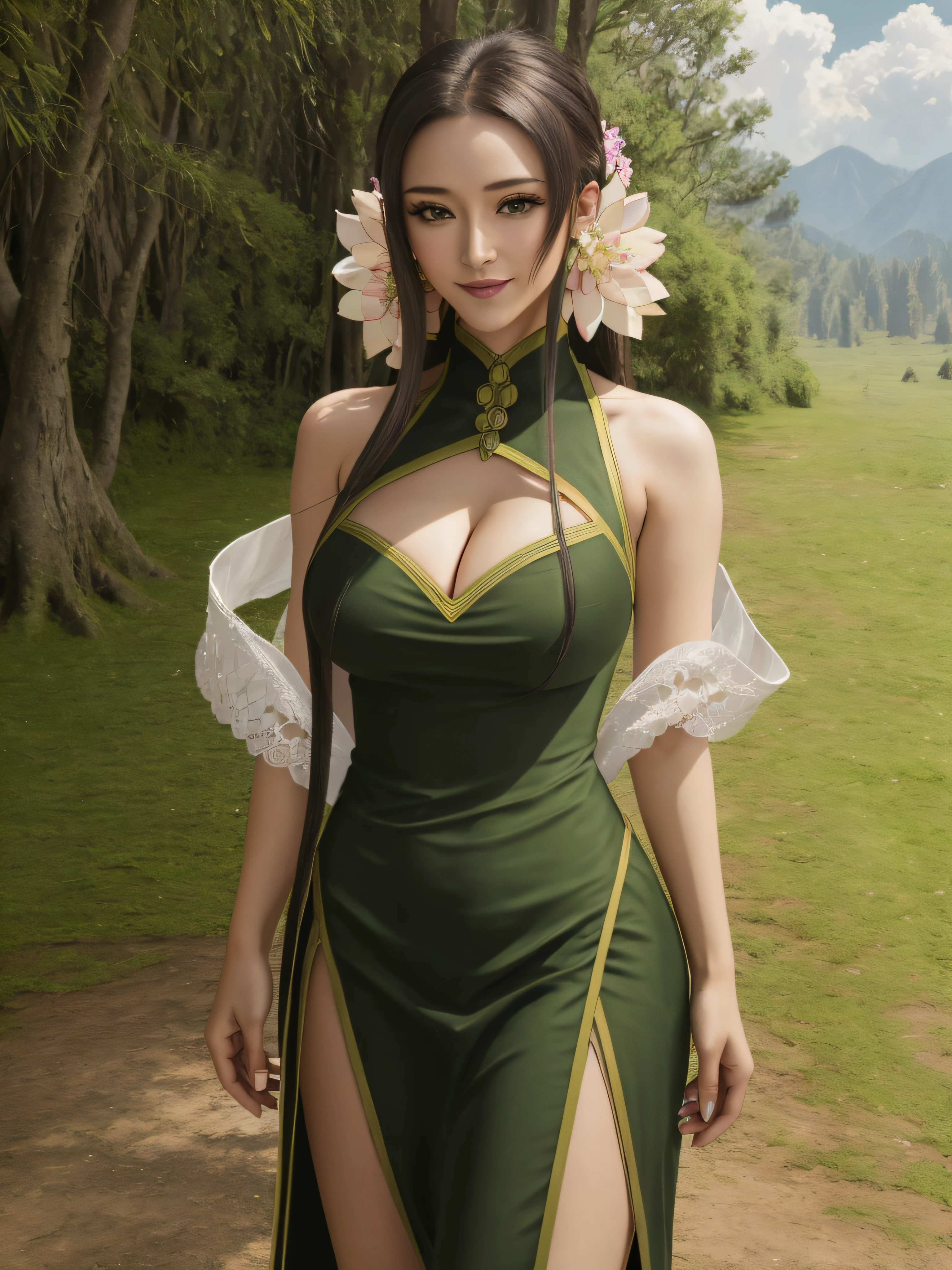 masterpiece, best quality, ultra-detailed, beautiful detailed eyes, extremely detailed eyes and face, 1girl, osthorai, long hair, hair flower, cleavage, cleavage cutout, china dress, chinese clothes, green dress, sleeveless, shawl, high heels, ((large breasts)), standing, looking at viewer, smiling, forest, day, sky, cloud, cowboy shot, upper body,