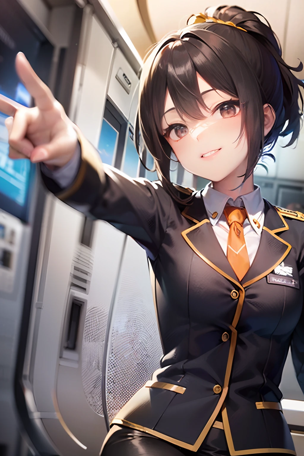 Stewardess, ((Stewardess uniform:1.5)), ((Black tight skirt:1.5)), Anatomically correct body, very detailed face and eyes, ((Kyoto Animation Style)), super precision, masterpiece, very extremely beautiful, Princess Face, Boyish girl, shorth hair, Straight hair, Dark hair, Short ponytail, Black eyes, ((Smaller chest:1.0)), BREAK, ((Plain orange tie)), cowboy shot, dynamicposes, With smiling eyes, Lean, ((Inside a passenger aircraft:1.5)), ((In the sky)), frombelow, Latex, outside of house, kawaii faces,