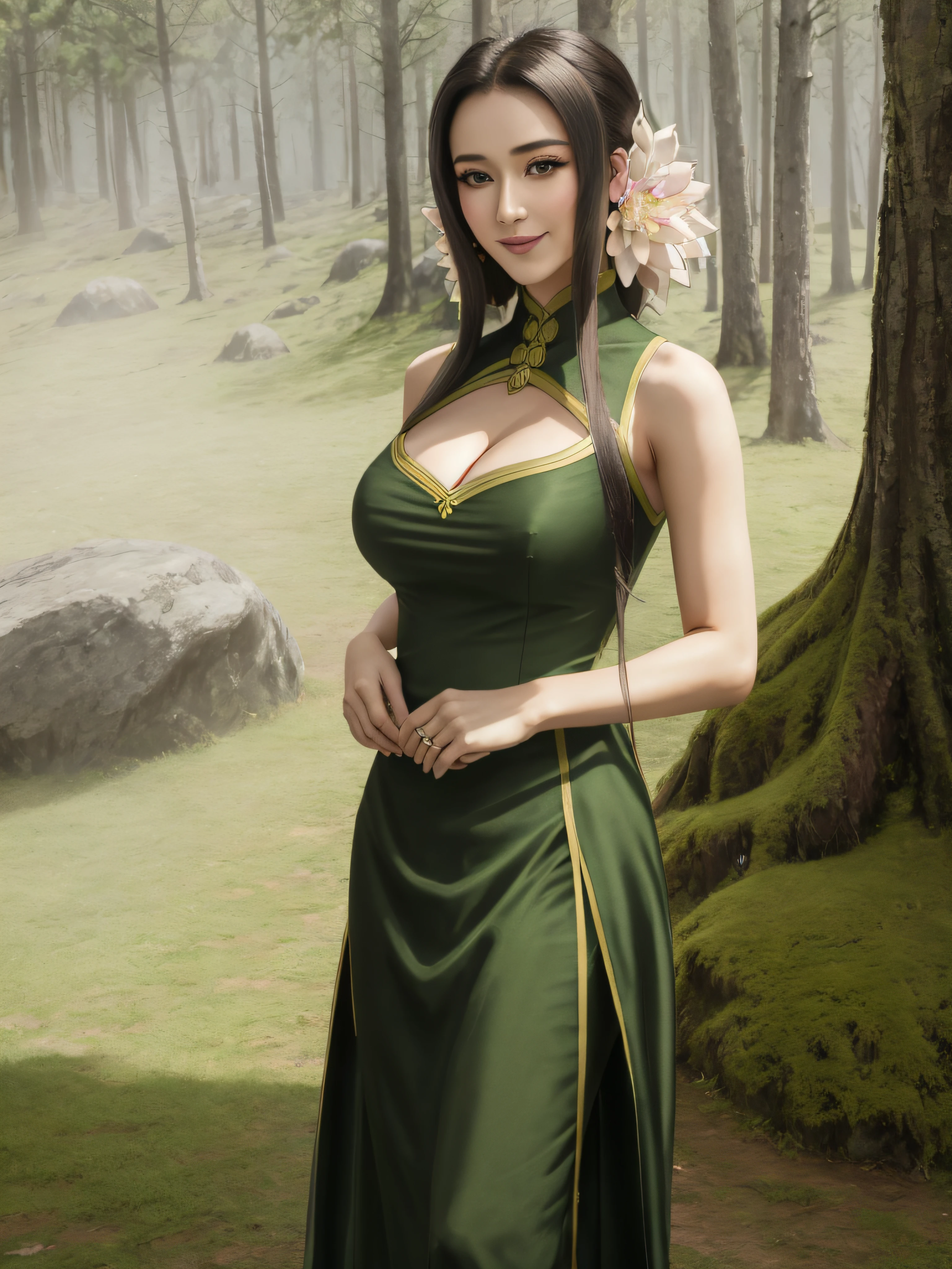 masterpiece, best quality, ultra-detailed, beautiful detailed eyes, extremely detailed eyes and face, 1girl, osthorai, long hair, hair flower, cleavage, cleavage cutout, china dress, chinese clothes, green dress, sleeveless, shawl, high heels, ((large breasts)), standing, looking at viewer, smiling, forest, day, sky, cloud, cowboy shot, upper body,