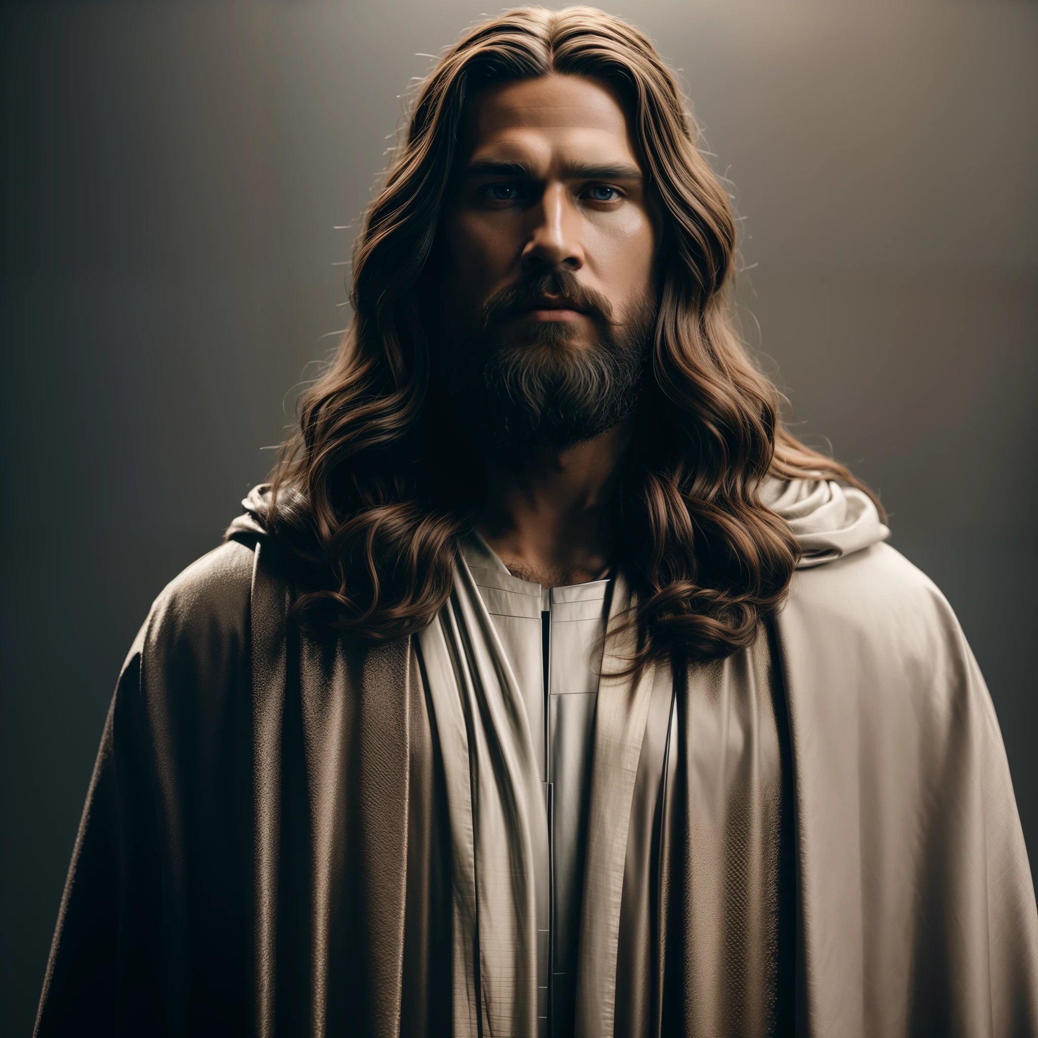 a close up of a man with long hair and a beard, jesus christ, tron legacy jesus christ, greg olsen, portrait of jesus christ, tron legacy jesus, dressed like jesus christ, jesus of nazareth, jesus face, jesus, black jesus, jesus christ in mass effect, realistic 8k bernini sculpture, gigachad jesus, the lord and savior