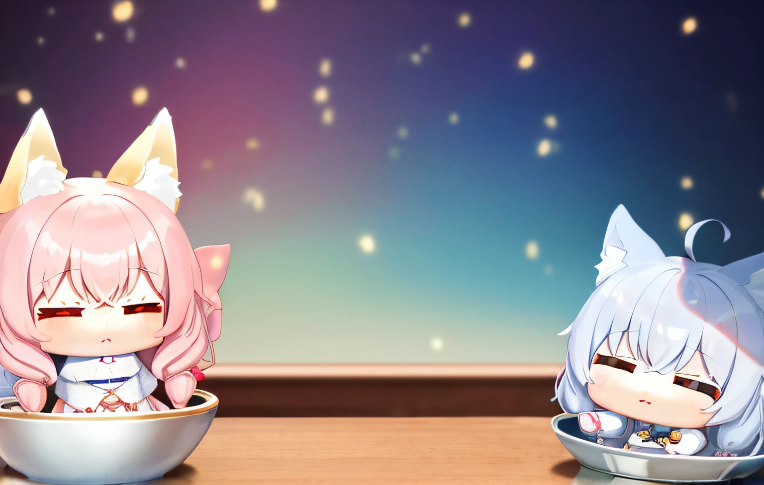 Florist clerk、Pop Mart Blind Box IP、Close up of cute white robe doll、Young One Angel Style、Wear longer, Dress fluently、Lop style、Poseline doll、Little people々々々々々々々々々々々々々々々々々々々々々。unreal enginee 5、Light 3D/C4D production: 8K HD quality/illuminating/Ultra-fine lens description 1.5、flawless、Chibi Background/Cinematic。Tuna bowl、macadamia、(((7Foxes get along well)))