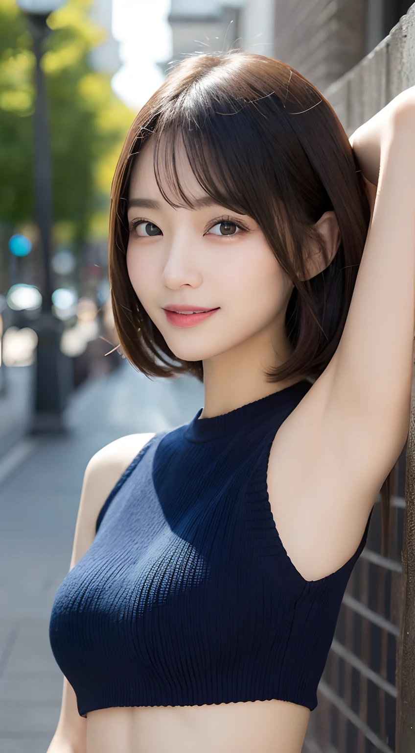 masutepiece, Best Quality, Illustration, Ultra-detailed, finely detail, hight resolution, 8K Wallpaper, Perfect dynamic composition, Beautiful detailed eyes, Women's Fashion Summer,Short bob hair,Small breasts natural color lip, Bold sexy poses,Smile,Harajuku、20 years girl、Cute、Sexy shot looking at camera,Short sleeve knit,Dark blue knitwear、undergarment,armpits