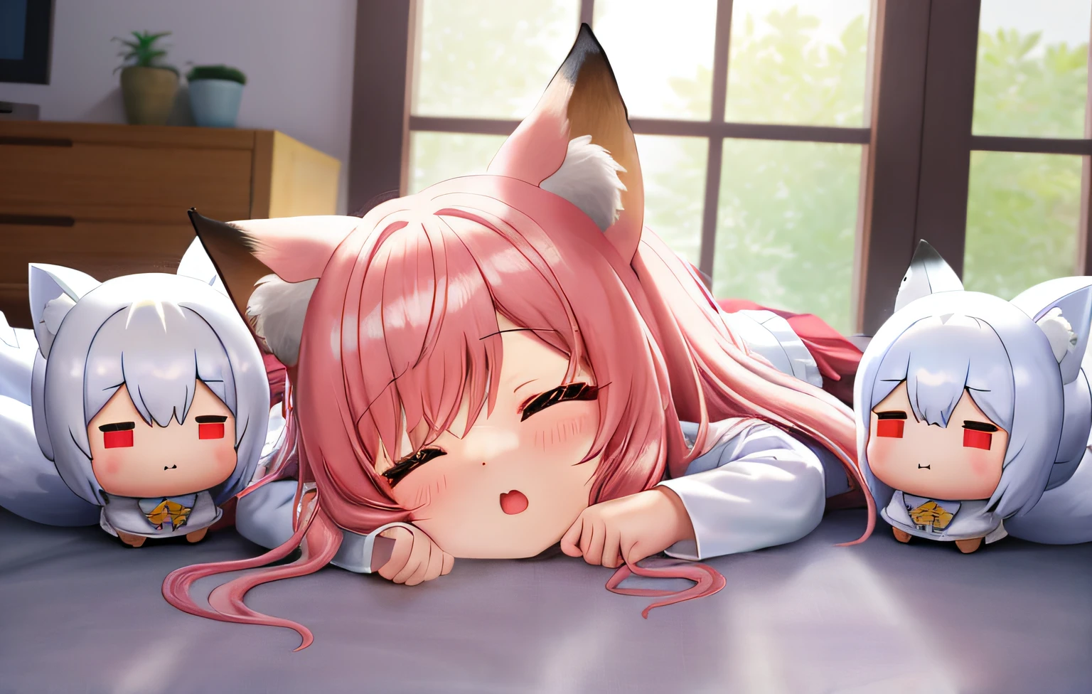 Florist clerk、Pop Mart Blind Box IP、Close up of cute white robe doll、Young One Angel Style、Wear longer, Dress fluently、Lop style、Poseline doll、Little people々々々々々々々々々々々々々々々々々々々々々。unreal enginee 5、Light 3D/C4D production: 8K HD quality/illuminating/Ultra-fine lens description 1.5、flawless、Chibi Background/Cinematic。Tuna bowl、macadamia、(((7Foxes get along well)))