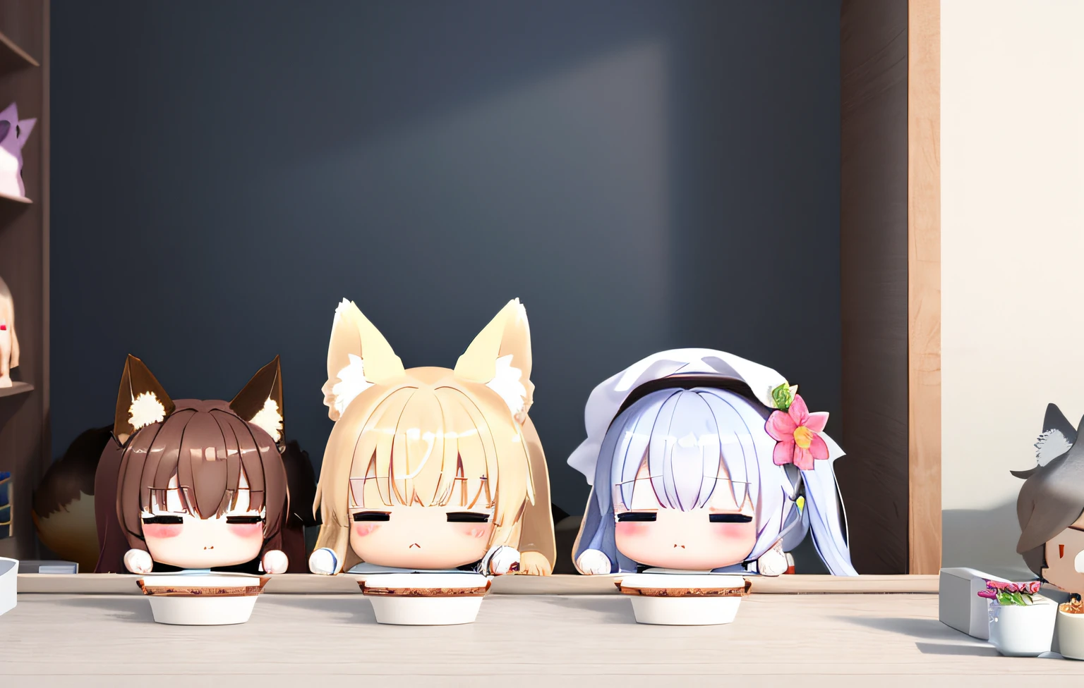 Florist clerk、Pop Mart Blind Box IP、Close up of cute white robe doll、Young One Angel Style、Wear longer, Dress fluently、Lop style、Poseline doll、Little people々々々々々々々々々々々々々々々々々々々々々。unreal enginee 5、Light 3D/C4D production: 8K HD quality/illuminating/Ultra-fine lens description 1.5、flawless、Chibi Background/Cinematic。Tuna bowl、macadamia、(((７Foxes get along well)))