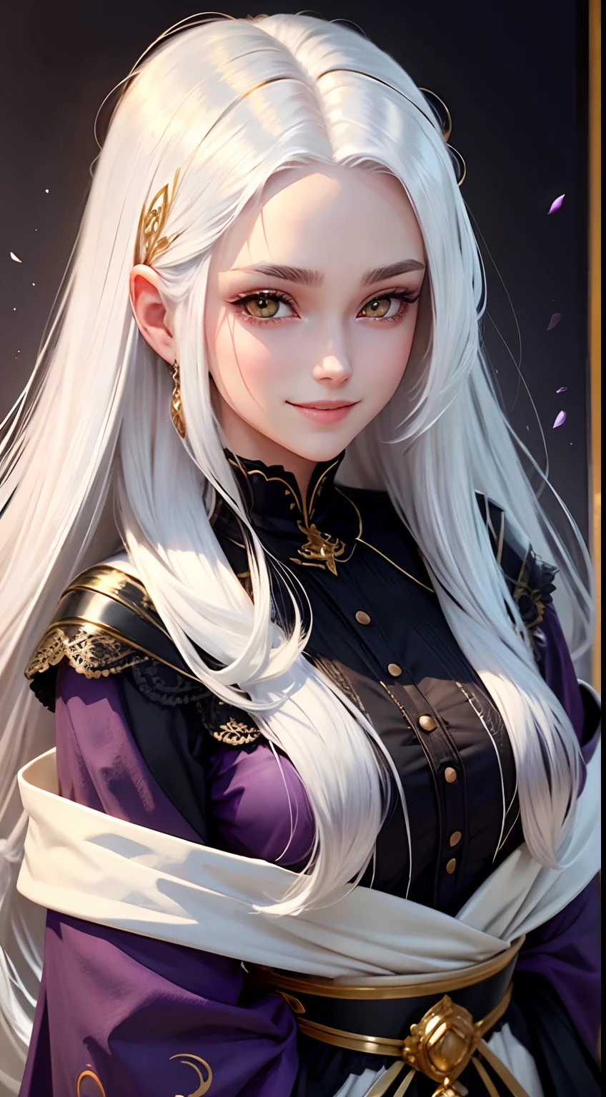 best quality, white hair, gold eyes, black clothes, hair strand, Fair skin, smiling, amethyst