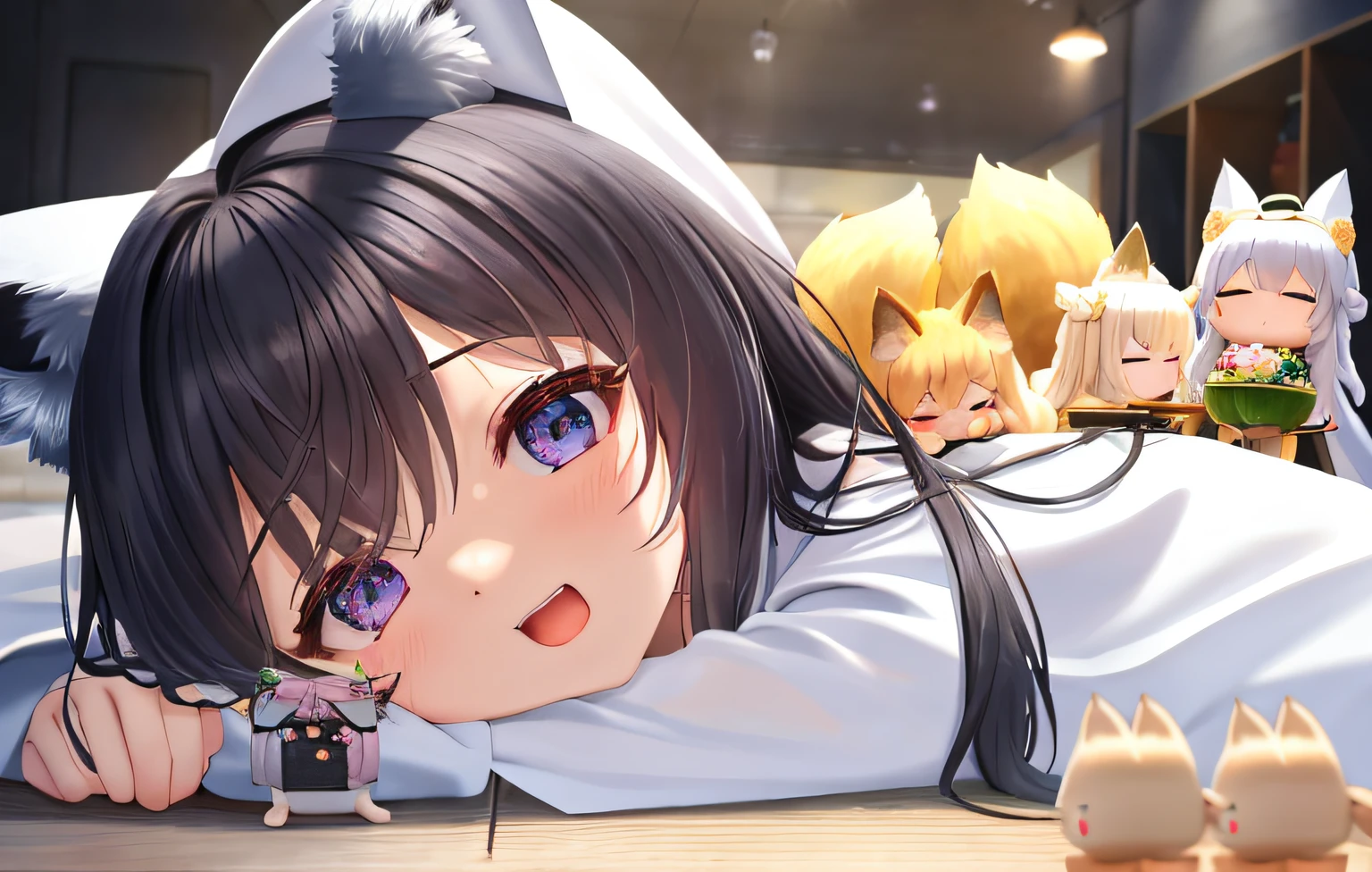 Florist clerk、Pop Mart Blind Box IP、Close up of cute white robe doll、Young One Angel Style、Wear longer, Dress fluently、Lop style、Poseline doll、Little people々々々々々々々々々々々々々々々々々々々々々々。unreal enginee 5、Light 3D/C4D production: 8K HD quality/illuminating/Ultra-fine lens description 1.5、flawless、Chibi Background/Cinematic。Tuna bowl、macadamia、(((7Foxes get along well)))