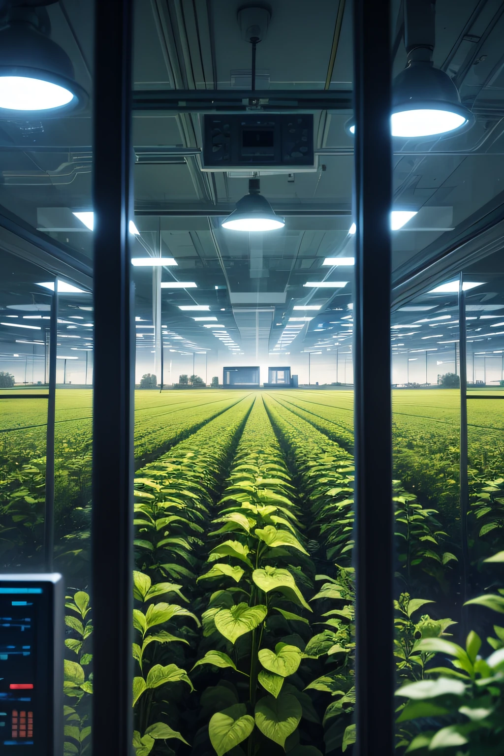 Field with various plants and technological trees with circuits seen through the glass window of an agro-technological startup at night