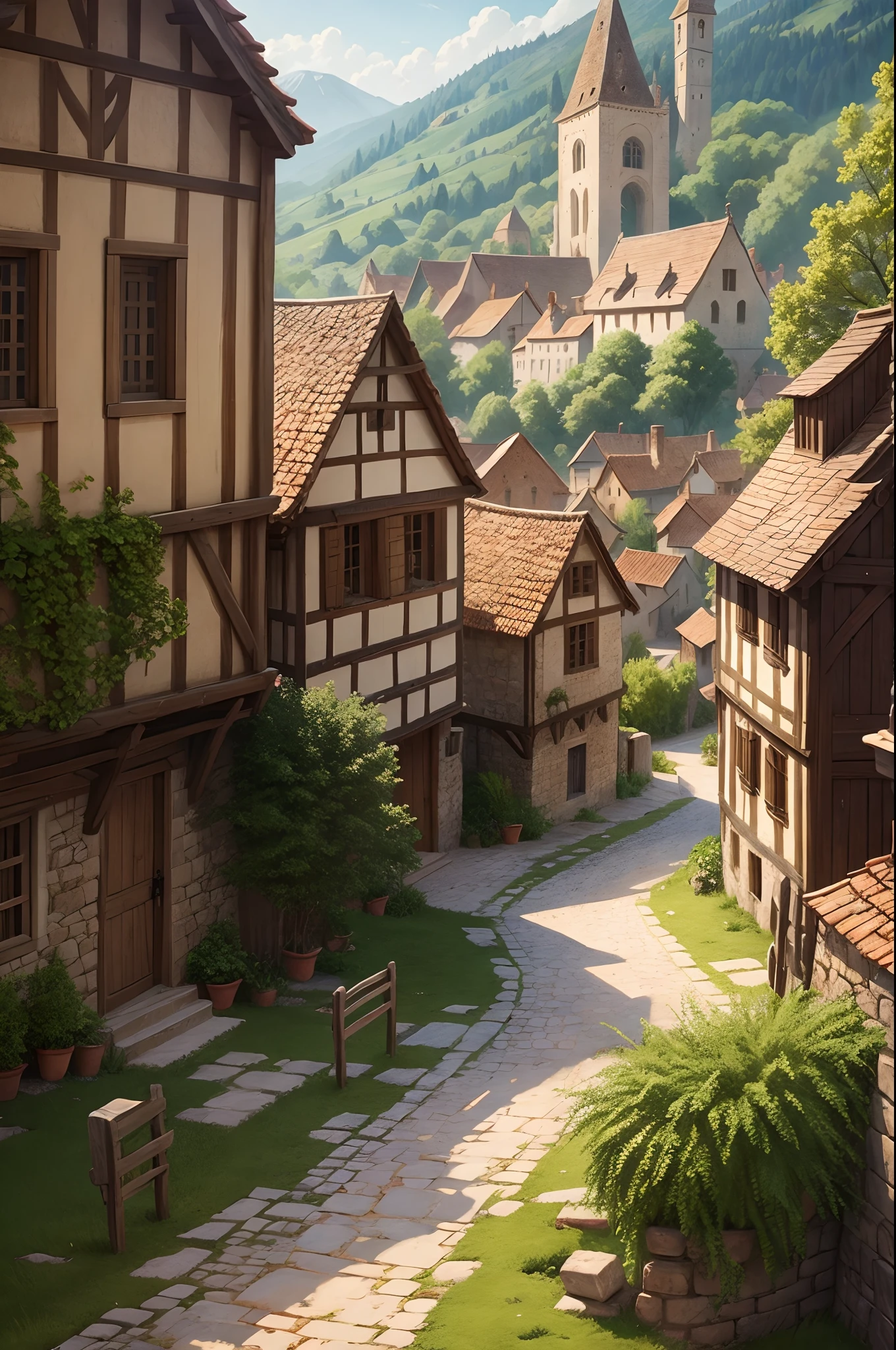 Hand drawing of a medieval rustic town