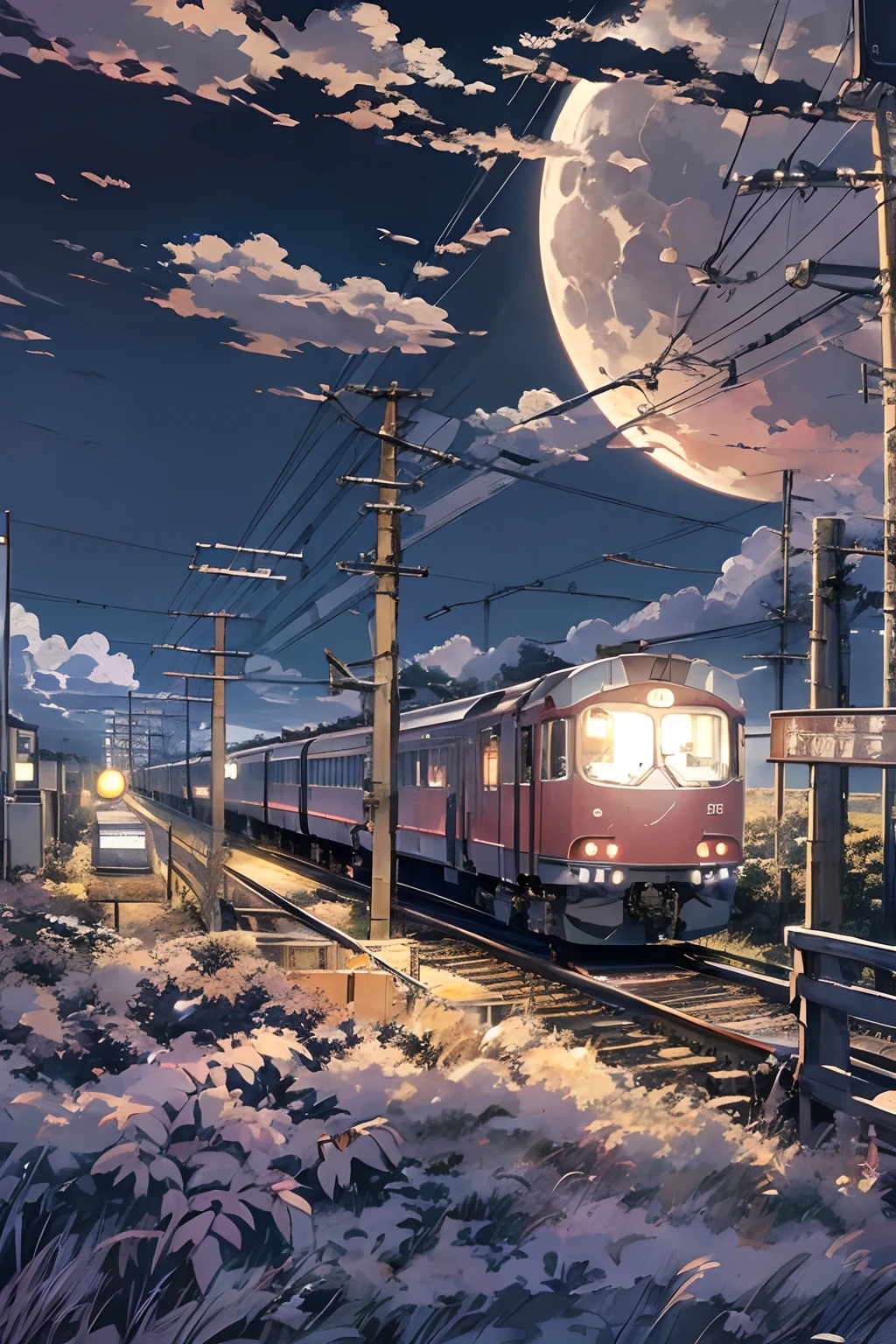 Chubu Japan Railway、headlight、Japan countryside、Cinematic scenery、Ghibli、Big Moon、Clouds,masutepiece,Best Quality,Sketch style、