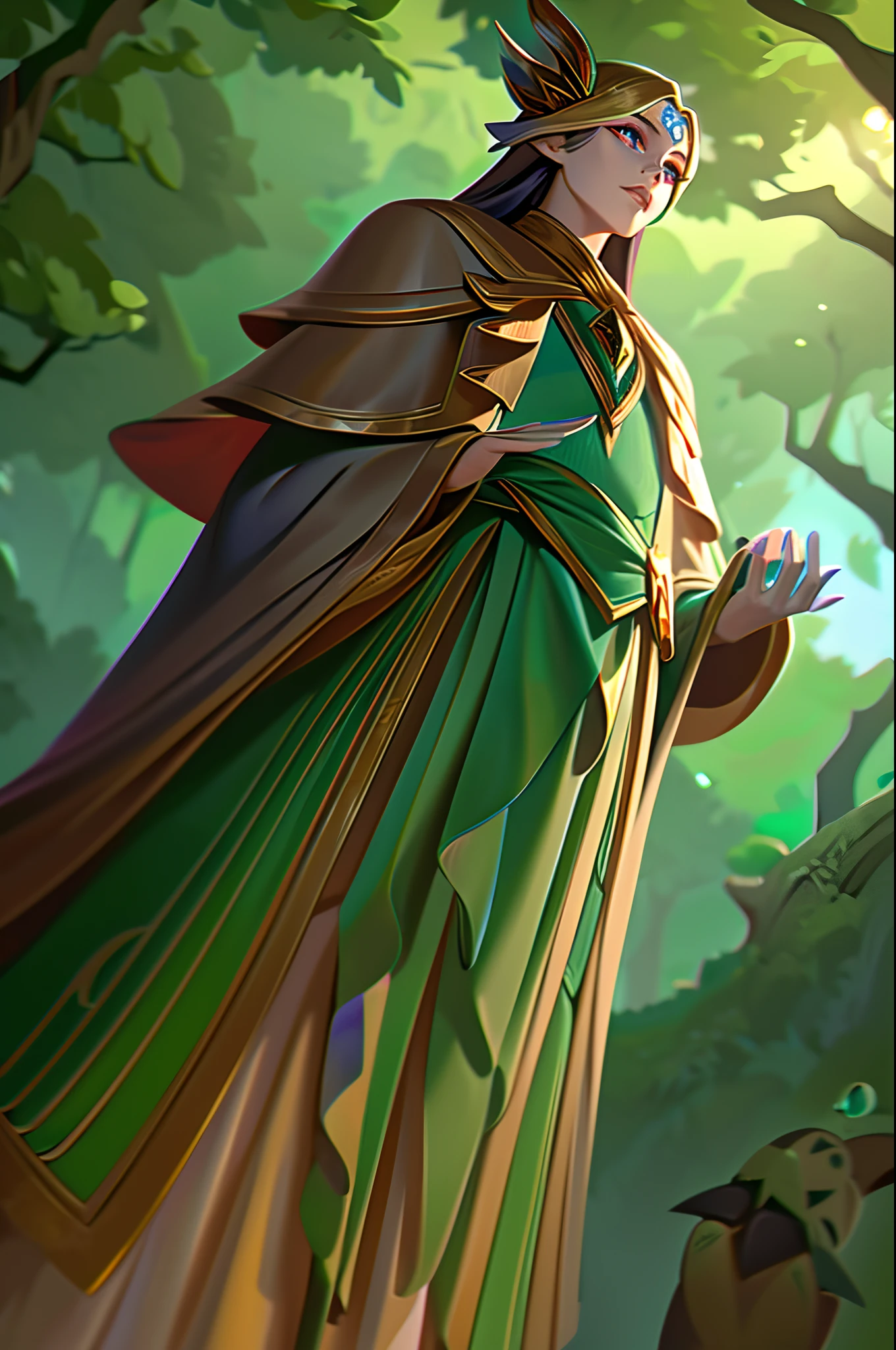 Uma criatura majestosa de madeira.
Olhos brilhantes como joias verdes.
Defensor da natureza.
Dressed in a robe of leaves.
Hold a staff carved with magical runes.
Em um ambiente de floresta encantada.
Rodeado pela fauna e flora exuberantes.