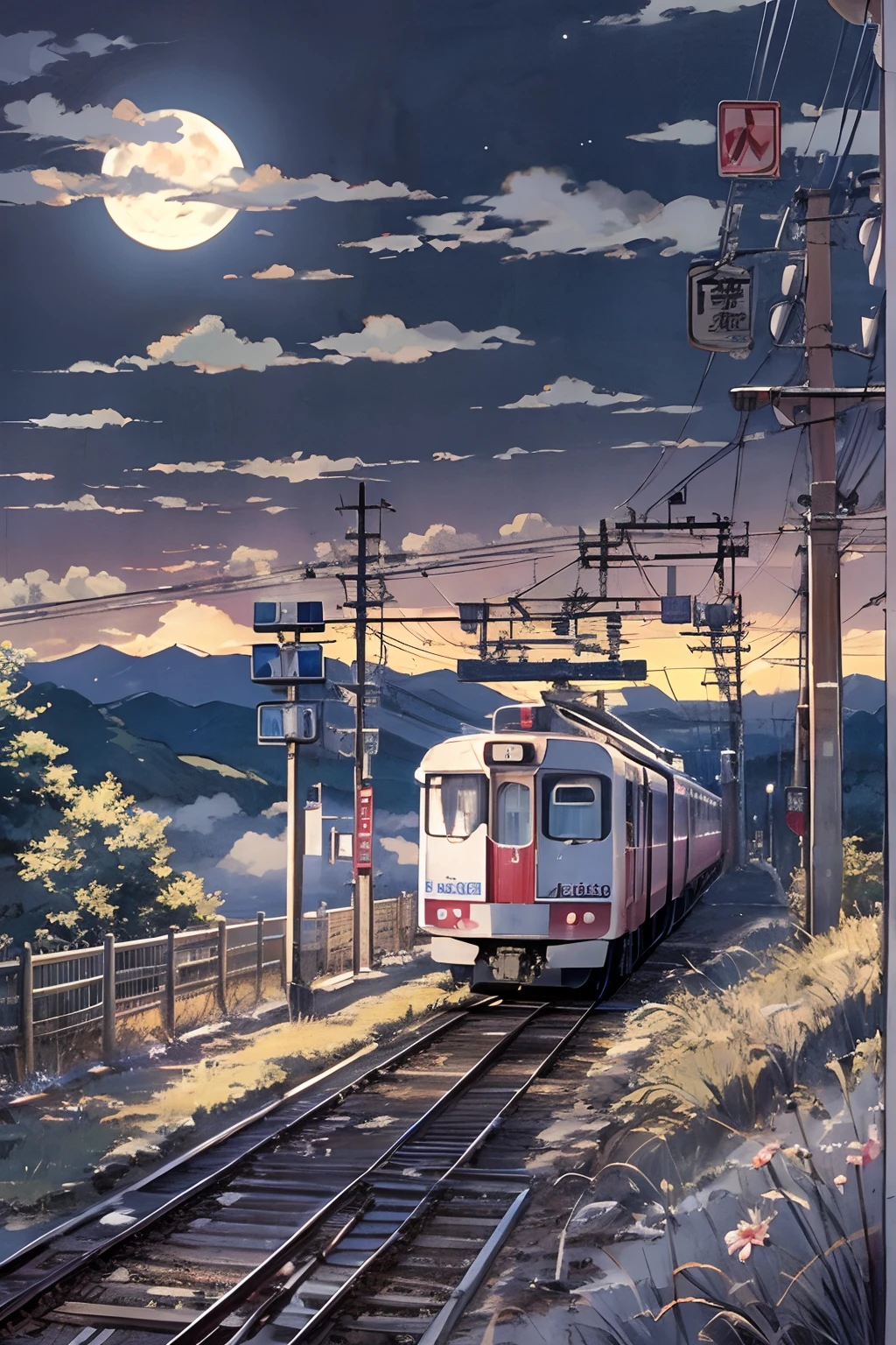 Chubu Japan Railway、headlight、Japan countryside、Cinematic scenery、Ghibli、Big Moon、Clouds,masutepiece,Best Quality,Sketch style、