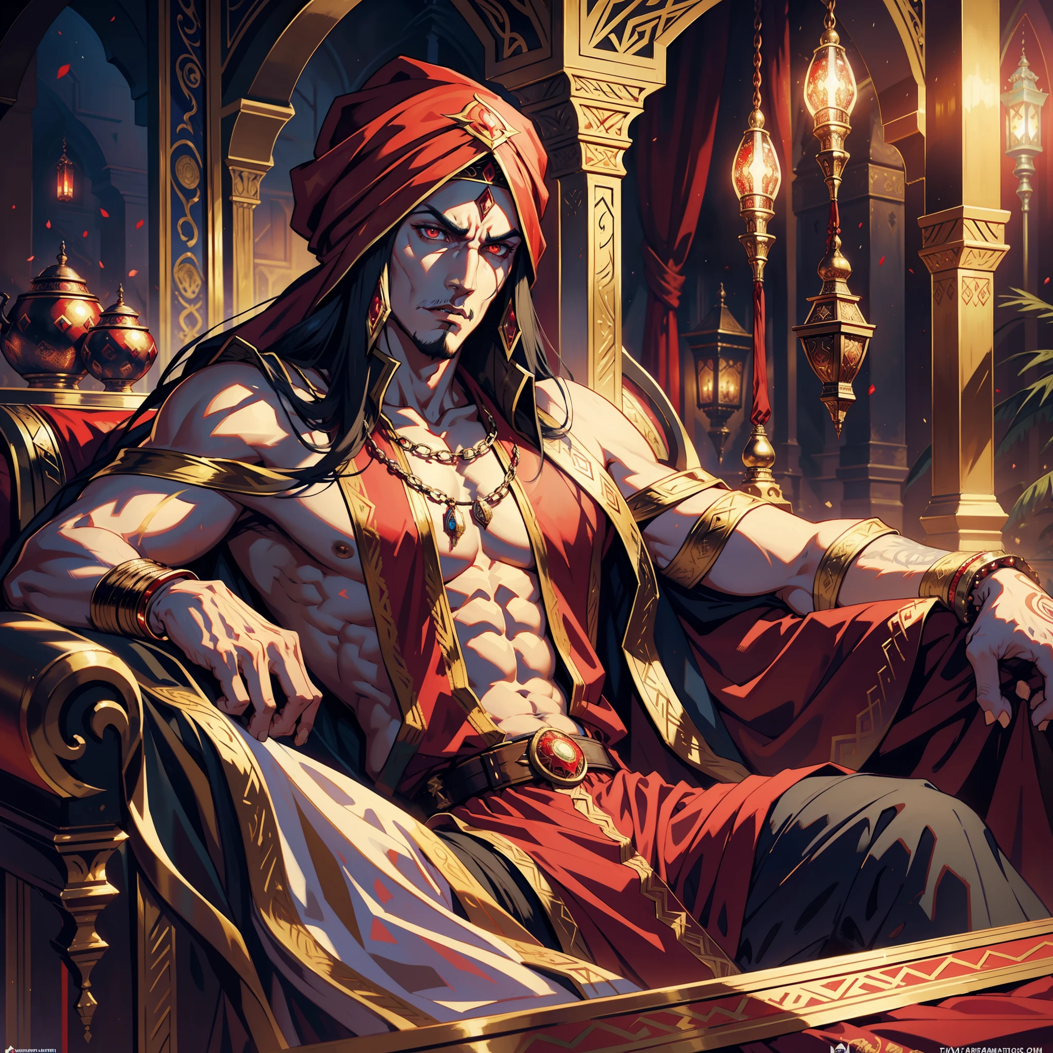 Arabian moroccan with red turban Castlevania Shadow Lord muscular hyper realistic super detailed scary Lord Dracula sitting in his great legendary Moroccan throne with very beautiful princesses sitting next to him scene Read large scrolls with an angry red expression Bright eyes Hyper realistic face Super Detailed Portrait Dynamic Shot Centerpiece Cinematic Scene Scenes Epic Movie Legendary Correct Proportions Anatomy