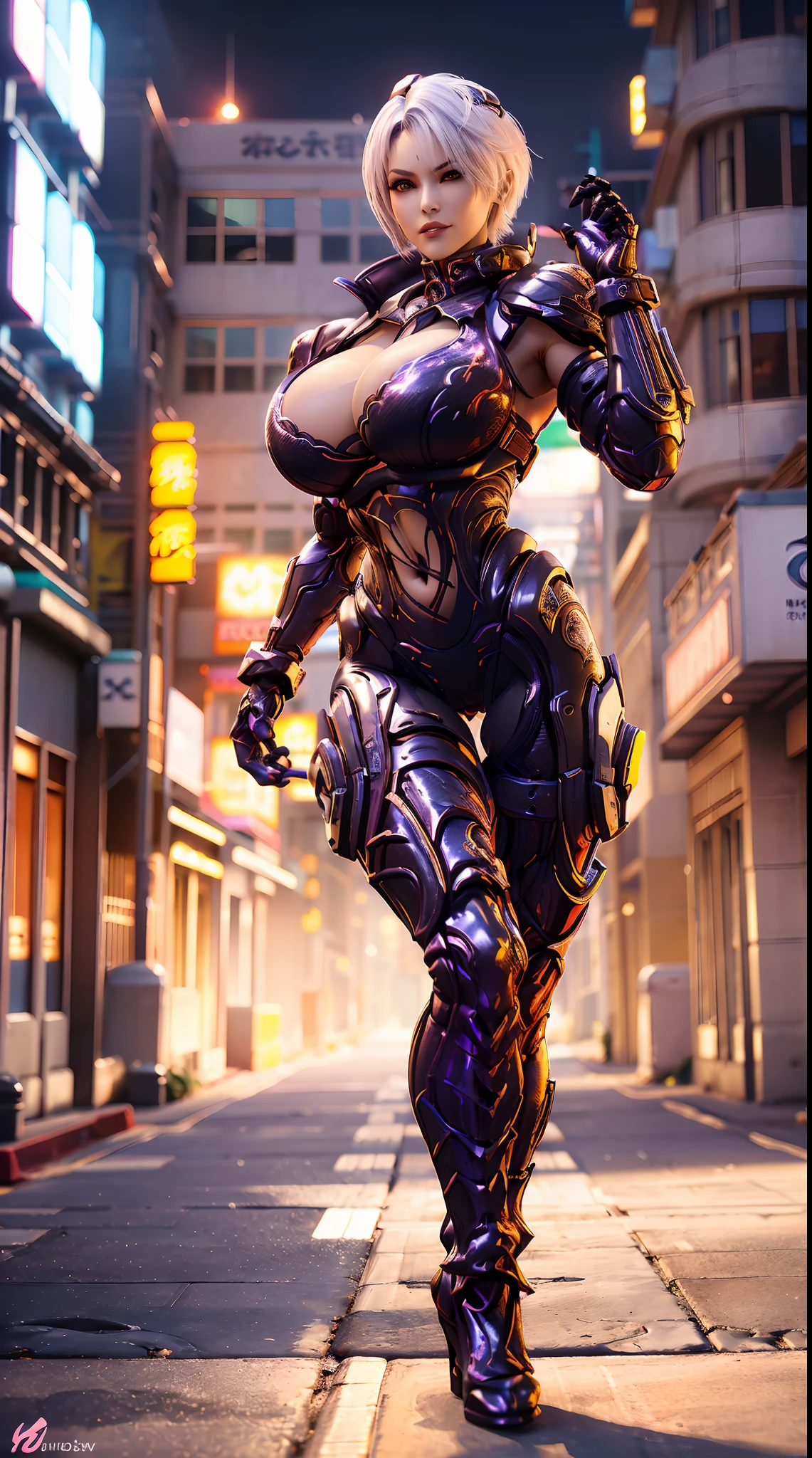 (DRAGON QUEEN), WHITE SHORT HAIR, HUGE FAKE BOOBS, (BEAUTIFUL FACE), (PURPLE, BLACK, RED), (STREET CITY BACKGROUND), (FUTURISTIC MECHA BRA), (CLEAVAGE), (SKINTIGHT YOGA PANTS), (HIGH HEELS), (PERFECT BODY:1.2), (FULL BODY VIEW), (LOOKING AT VIEWER), (STANDING:1.3), MUSCULAR BODY, MUSCLE ABS, UHD, 8K, 1080P.
