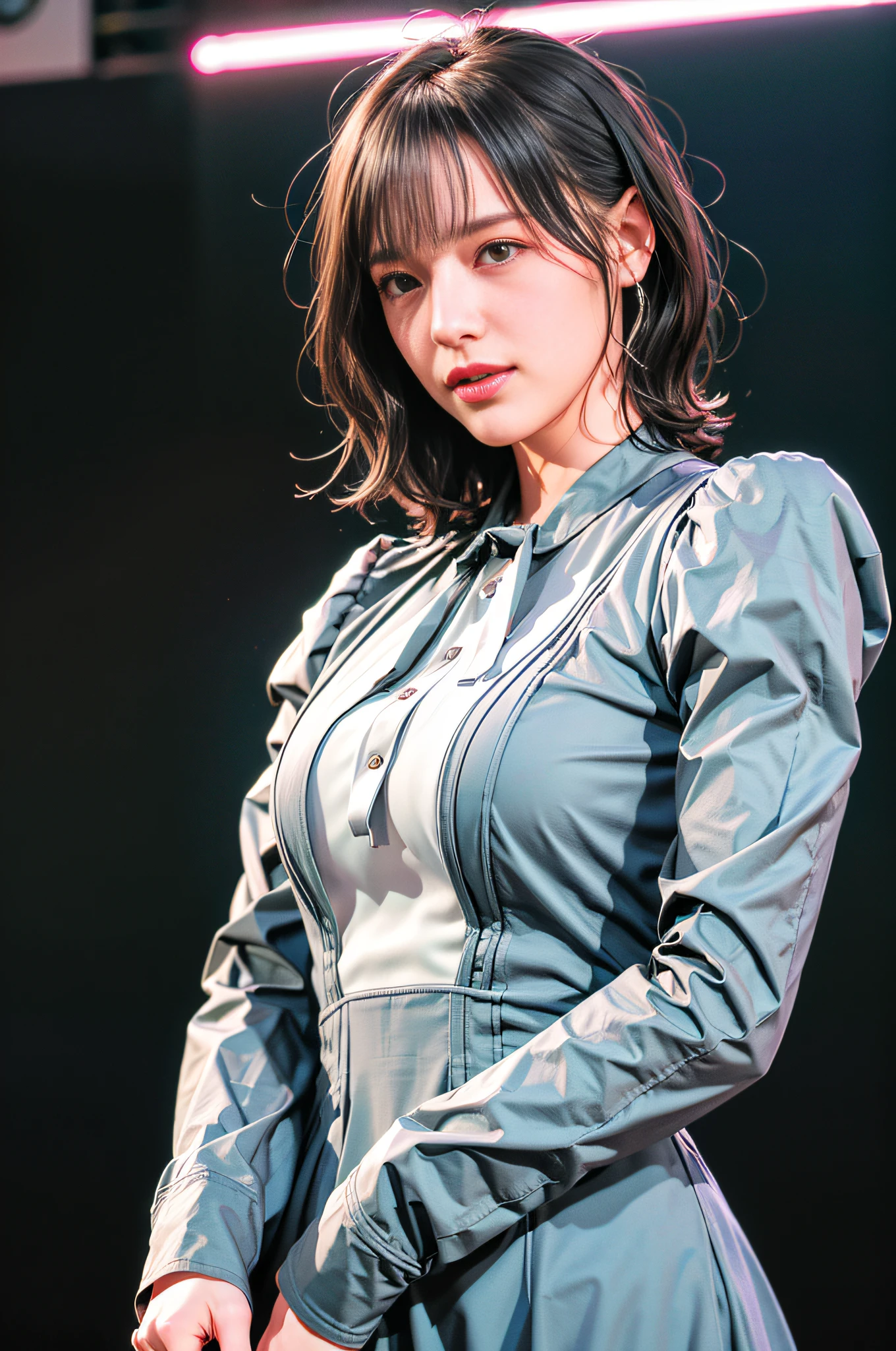 (8K、Raw photography、top-quality、masterpiece:1.2)、(reallistic、Photorealsitic:1.37)、(Kpop Idol)、(aegyo sal:1)、cute little、Professional Writing、photon maping、Radio City、Physically Based Rendering、Cosplay、Lucy(cyberpunked)、bob cuts、Mechanical parts、Gray eye、((Black tight suit))、Cyberpunk City Black Pants、natta、Neon light、A sexy、Smokexxx、Look at viewers、High resolution in 8K、8K、CG Wallpapers、Realistic background、Clear background、(((爆乳)))、The upper part of the body