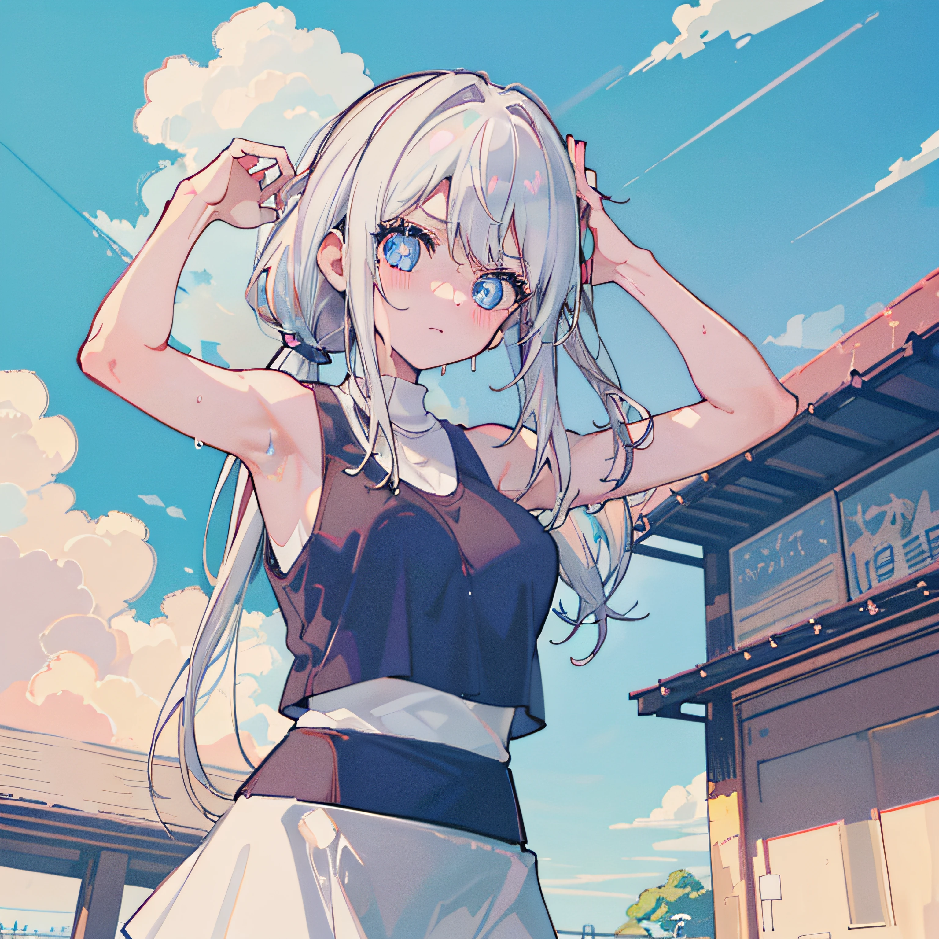 (Ultra Real), (Illustration), (High Resolution), (8K), (Very Detailed), (Best Illustration), (Beautiful Detailed Eyes), (Best Quality), (Super Detailed), (Masterpiece), (Wallpaper), (Detailed Face), Solo, (Dynamic Pose, 1girl in, Medium White Hair, Beautiful sky blue eyes, Pony tail, Tank Tops, Mini skirt, at noon, Park, Cute, blush, medium breasts, Center division, arm up, armpits, sweat, sportswear, schoolyard background, show armpits