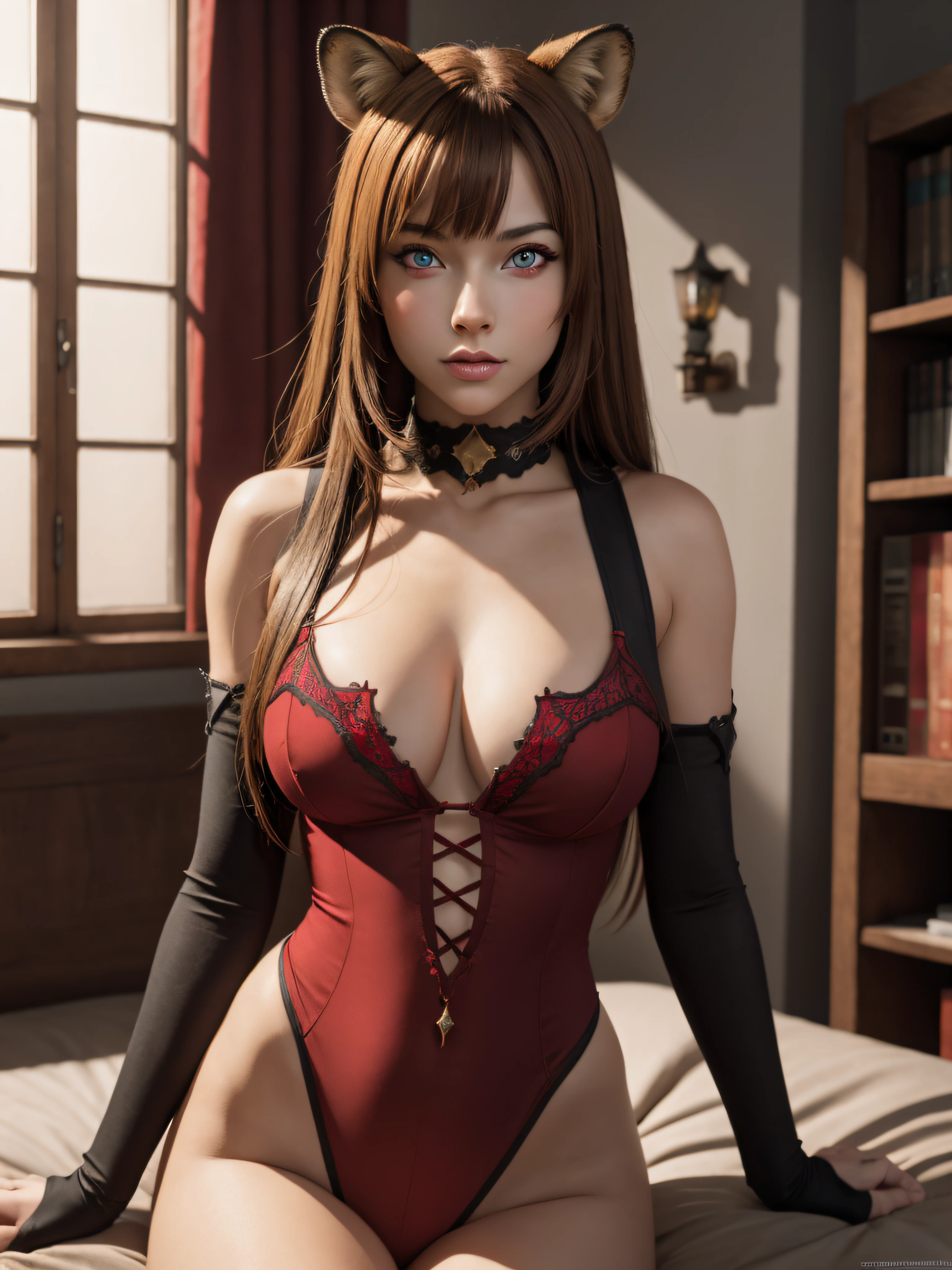 raphtalia, raphtalia, animal ears, brown hair, long hair, raccoon ears, raccoon girl, raccoon tail, (red eyes:1.5), tail,
BREAK lingerie,
BREAK looking at viewer,
BREAK indoors, bed,
BREAK (masterpiece:1.2), best quality, high resolution, unity 8k wallpaper, (illustration:0.8), (beautiful detailed eyes:1.6), extremely detailed face, perfect lighting, extremely detailed CG, (perfect hands, perfect anatomy),