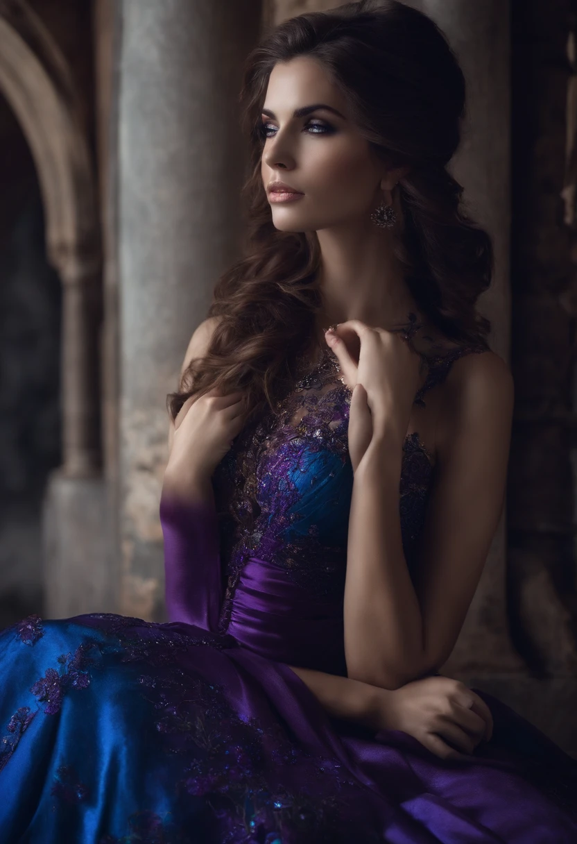Uma cena digital que mostra uma feiticeira incrivelmente bela com olhos azuis hipnotizantes, com um longo vestido roxo adornado com uma faixa prateada, e seu cajado antigo com uma esmeralda cintilante, Manipulating water into magical forms around you.