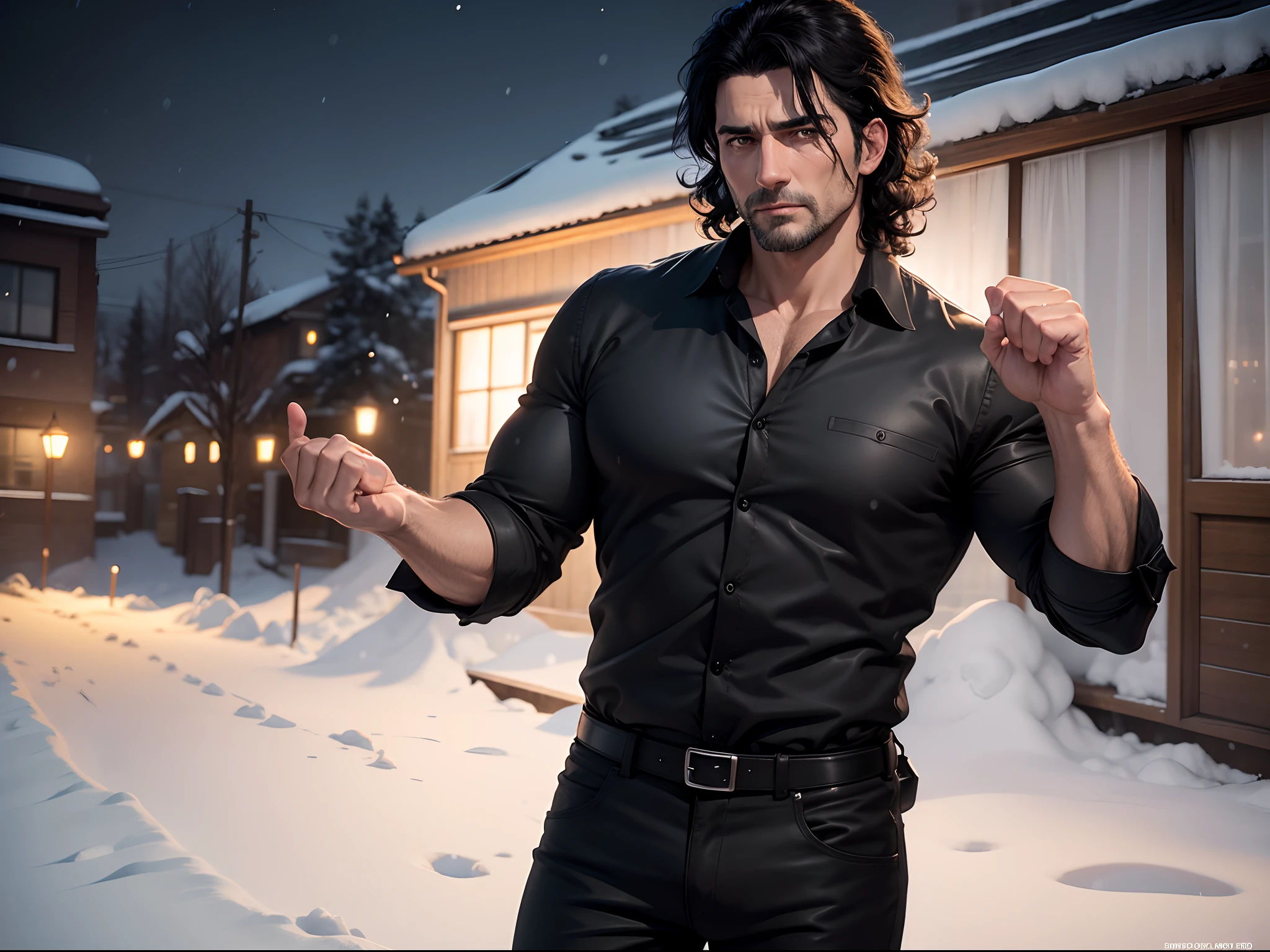 realistic and 8k image of a 40 year old man, man, medium sized curly black hair, strong, dressed in a casual black blouse and black pants, fist raised and closed, in a snow covered yard, frontal image, night, art style anime