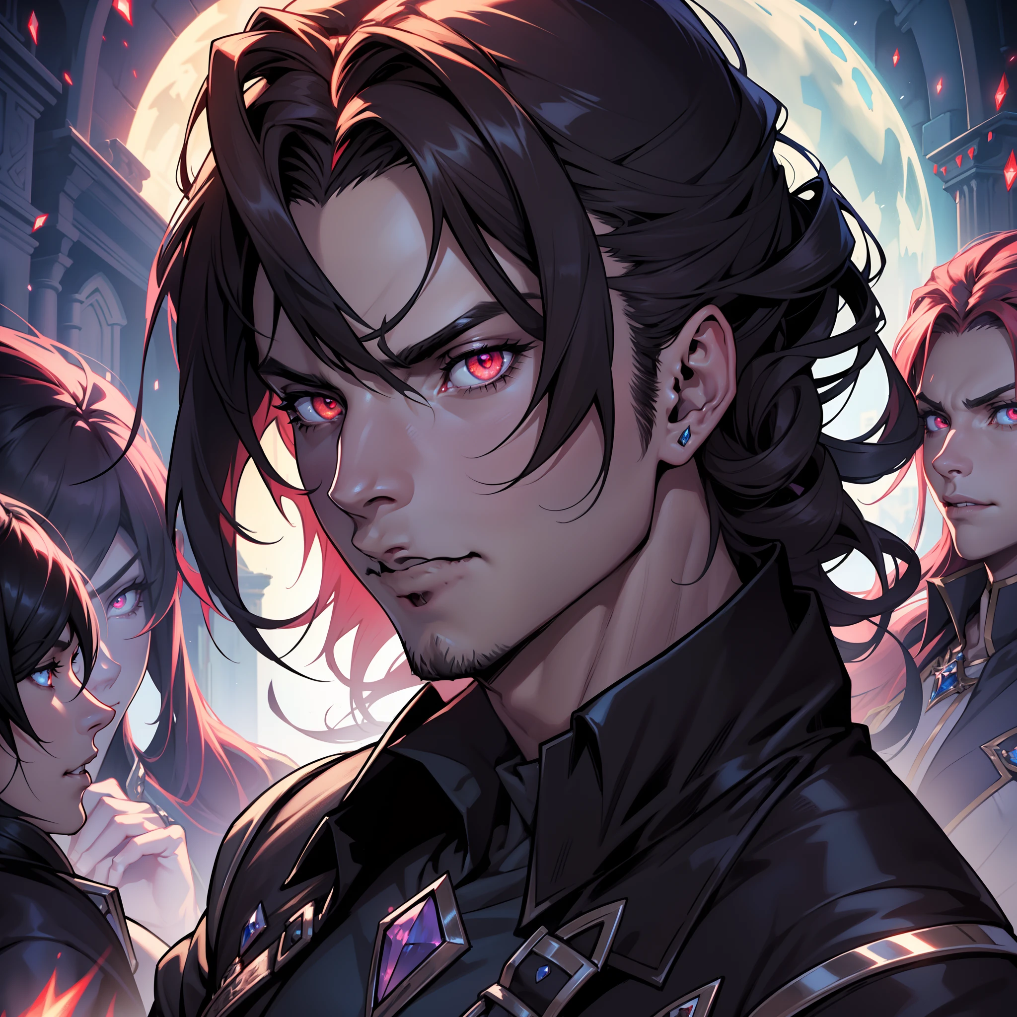 Castlevania Lord of Shadows hyper realistic super detailed face handsome muscular man handsome scary Legendary face red glowing eyes crystal with very Beautiful princess glowing crystal eyes portrait Lord Dracula leading troops army of demons to fight sharp details cutscene scenes movie Epic Legendary