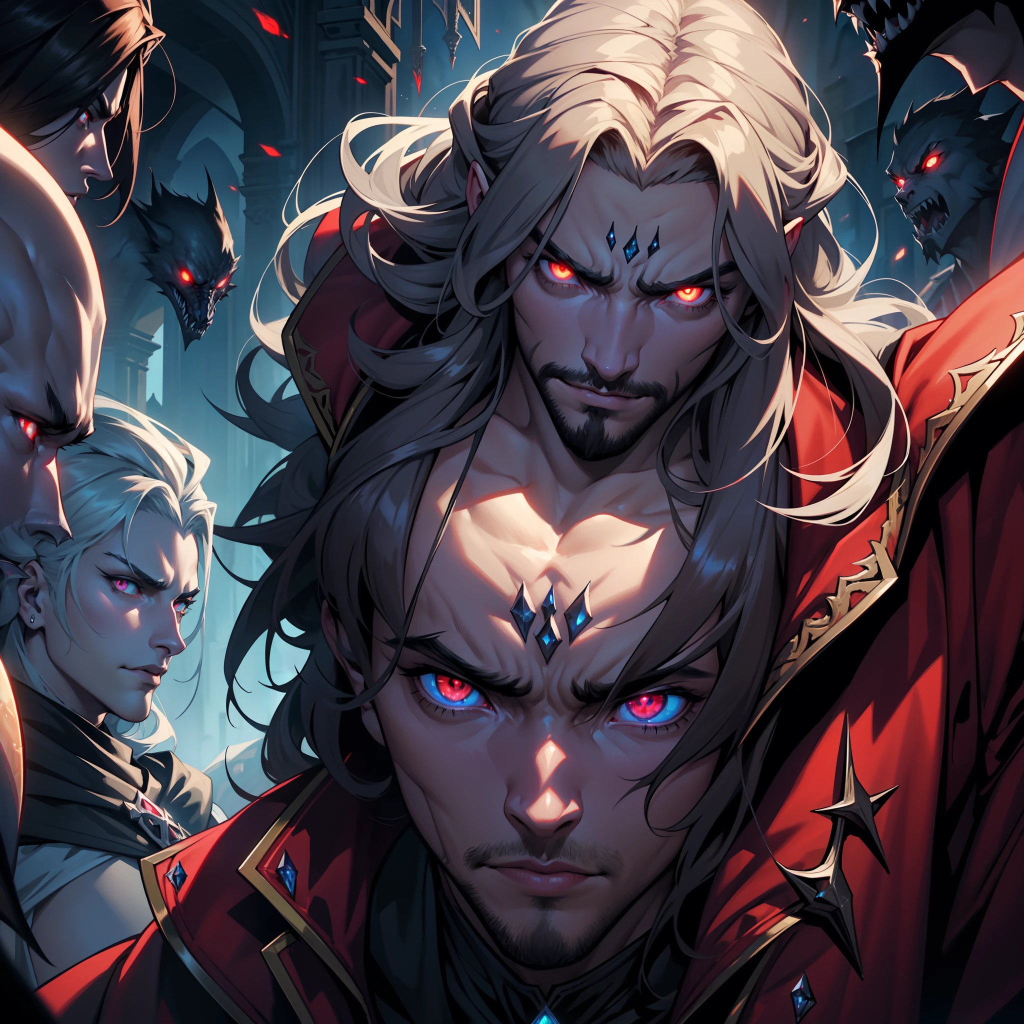 Castlevania Lord of Shadows hyper realistic super detailed face handsome muscular man handsome scary Legendary face red glowing eyes crystal with very Beautiful princess glowing crystal eyes portrait Lord Dracula leading troops army of demons to fight sharp details cutscene scenes movie Epic Legendary