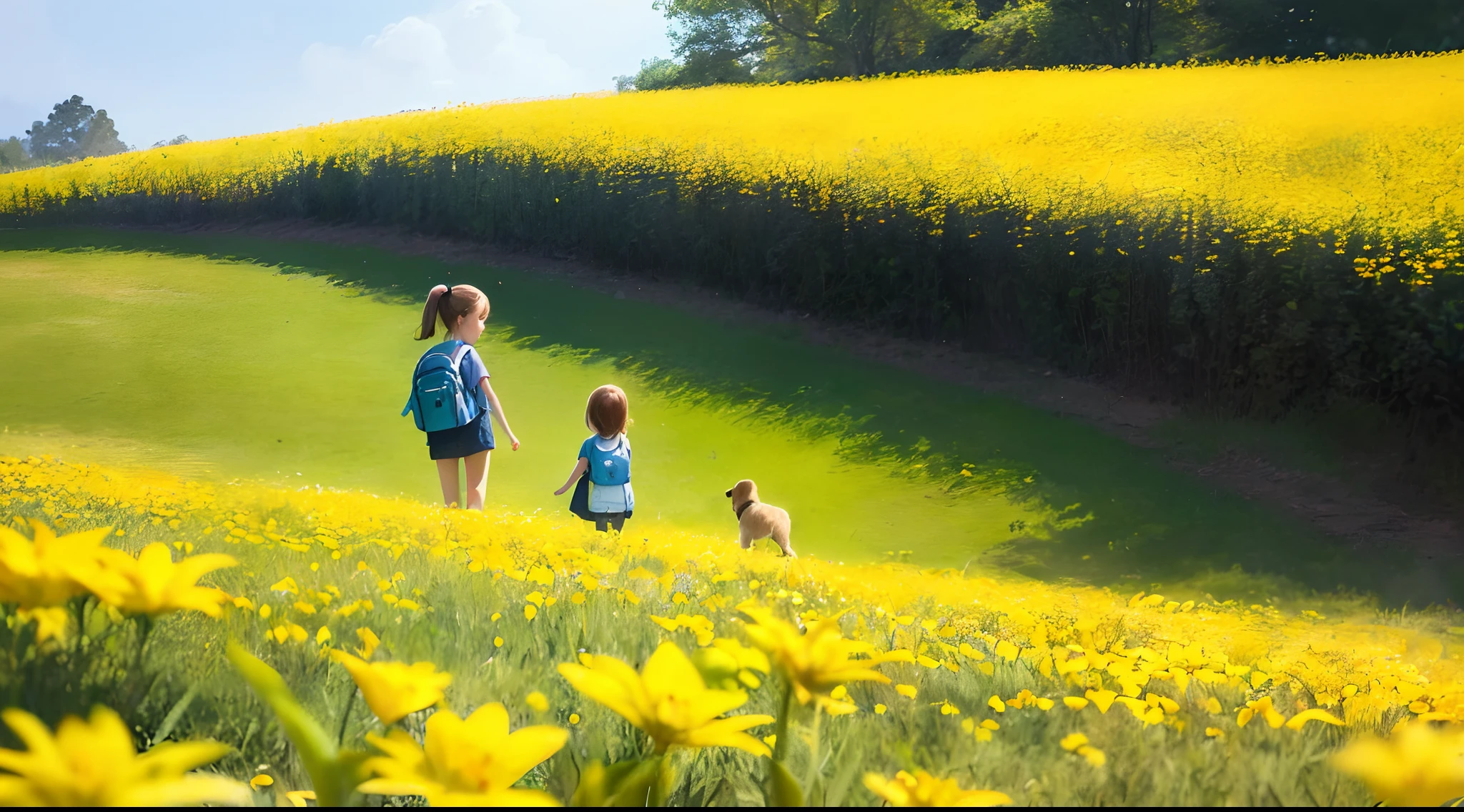 Tip: A very charming little girl with a backpack and her adorable puppy enjoying a lovely spring outing surrounded by beautiful yellow flowers and nature. The illustration is a high-definition illustration in 4K resolution with highly detailed facial features and cartoon-style visuals.