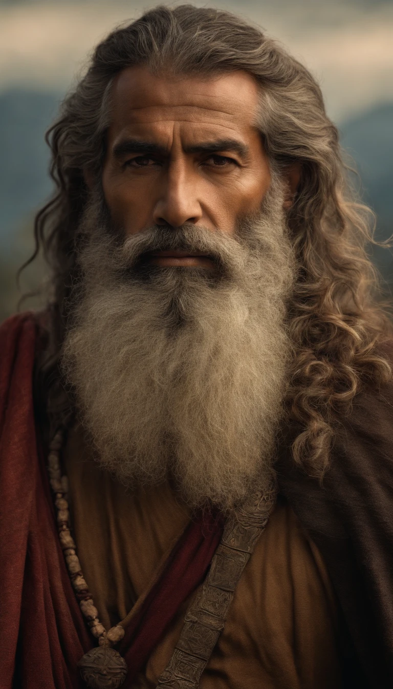 "Half-body photo of a wise and imposing man, de 40 anos, magro, barbudo e com cabelos grisalhos, with a serious expression and an air of experience. highes definition. Inspiration of ancient Greek man.pai da fe"