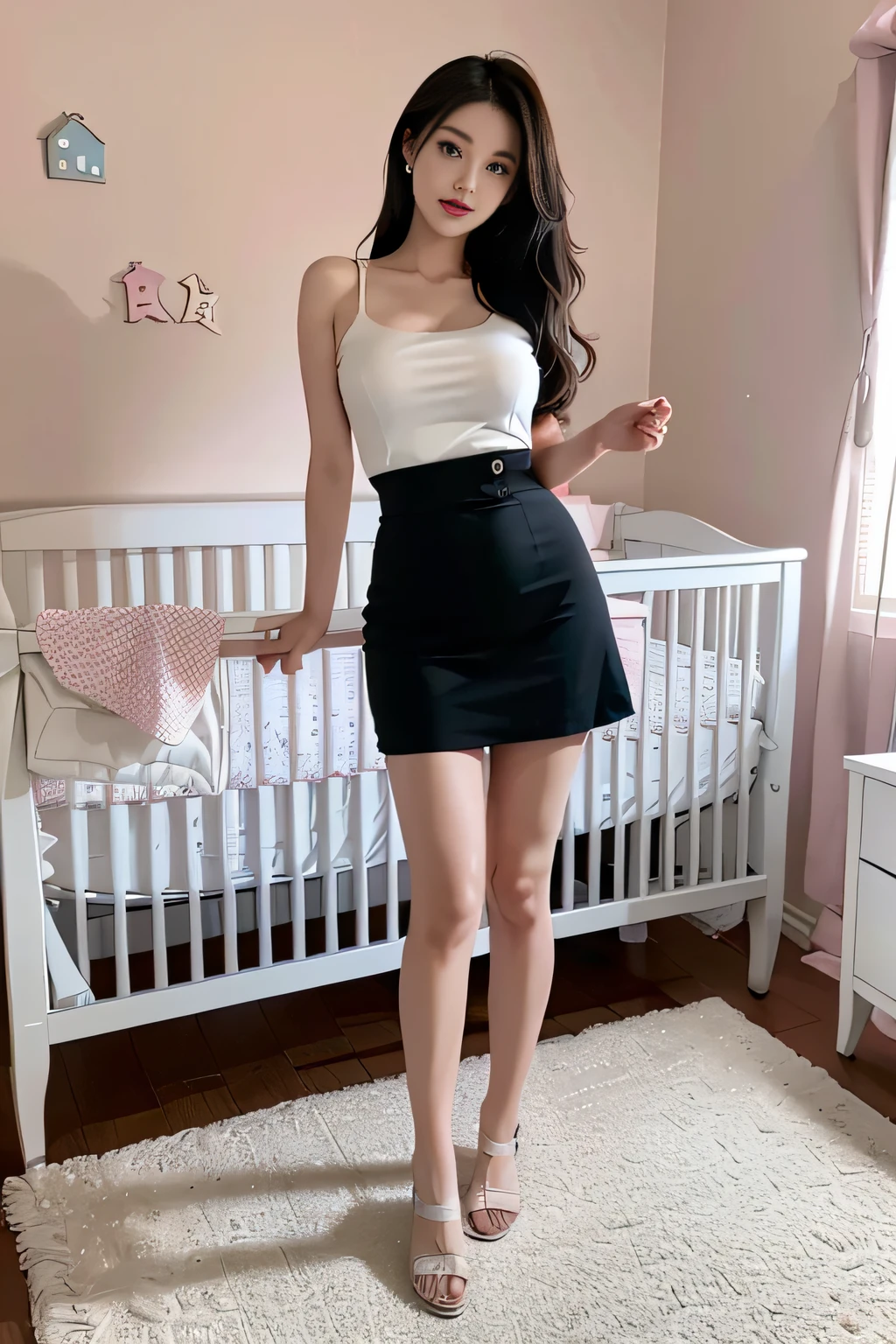 (top-quality、8K、32K、masterpiece、nffsw:1.2), full body photo of a ellegant korean idol、glasses, picture-perfect face, flawless, white crib with a diaper table, detailed eyes, detailed backroom, 女の子 1 人、hyper-realistic face, (long dark hair)、(Glamurous body)、thighs、(huge breasts)、二重まぶた、wear a elegant suit、 black skirt、 modern design room、pink and blue details, The upper part of the body、full bodyesbian, crib in the background, standing in the middle, babym, kids decorations, distant photo showing all the baby rooiaper changing table next to the crib