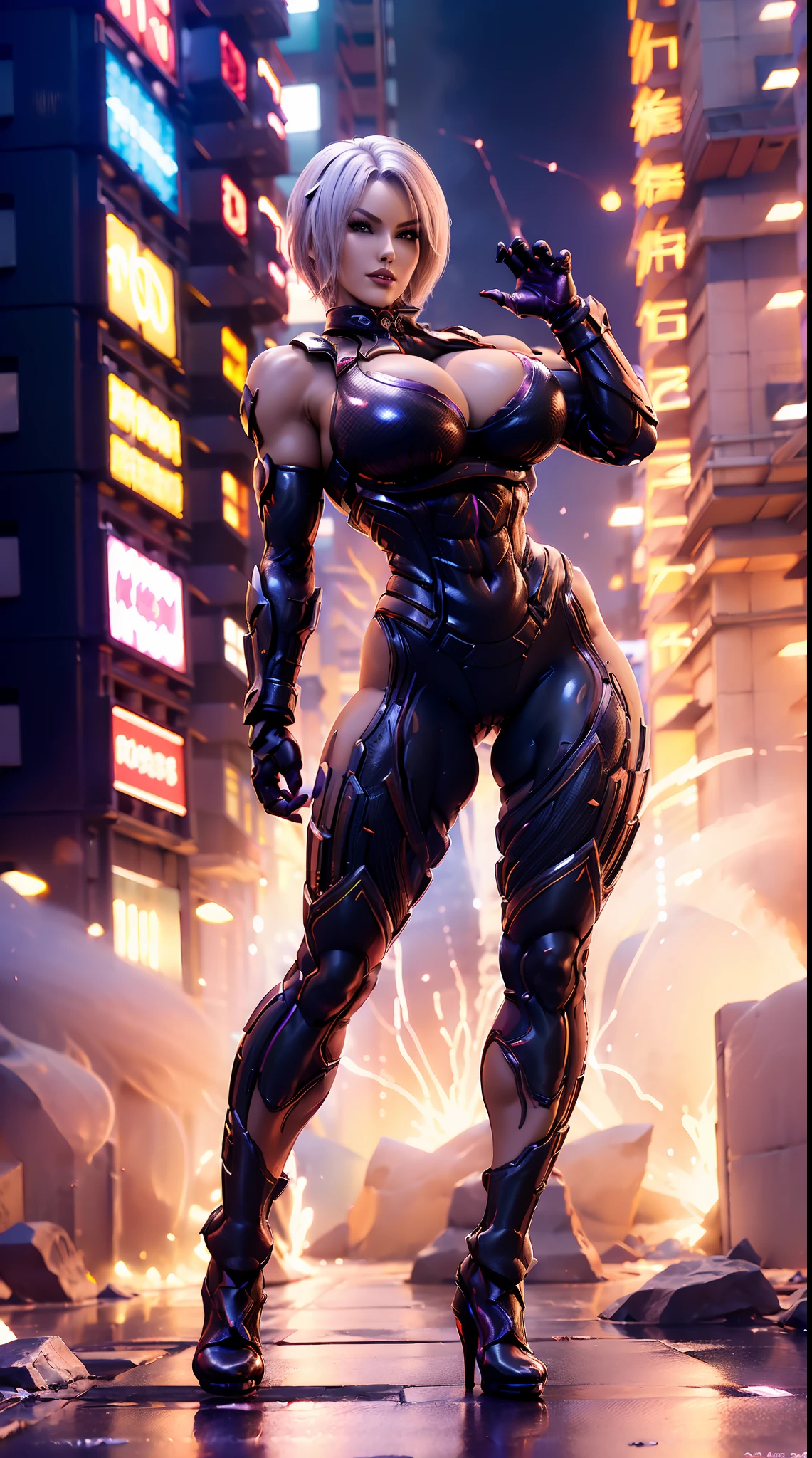 (DRAGON QUEEN), WHITE SHORT HAIR, (HUGE FAKE BOOBS), (BEAUTIFUL FACE), (PURPLE, BLACK, RED), (STREET CITY BACKGROUND), (FUTURISTIC MECHA BRA), (CLEAVAGE), (SKINTIGHT YOGA PANTS), (HIGH HEELS), (PERFECT BODY:1.2), (FULL BODY VIEW), (LOOKING AT VIEWER), (STANDING:1.3), MUSCULAR BODY, MUSCLE ABS, UHD, 8K, 1080P.