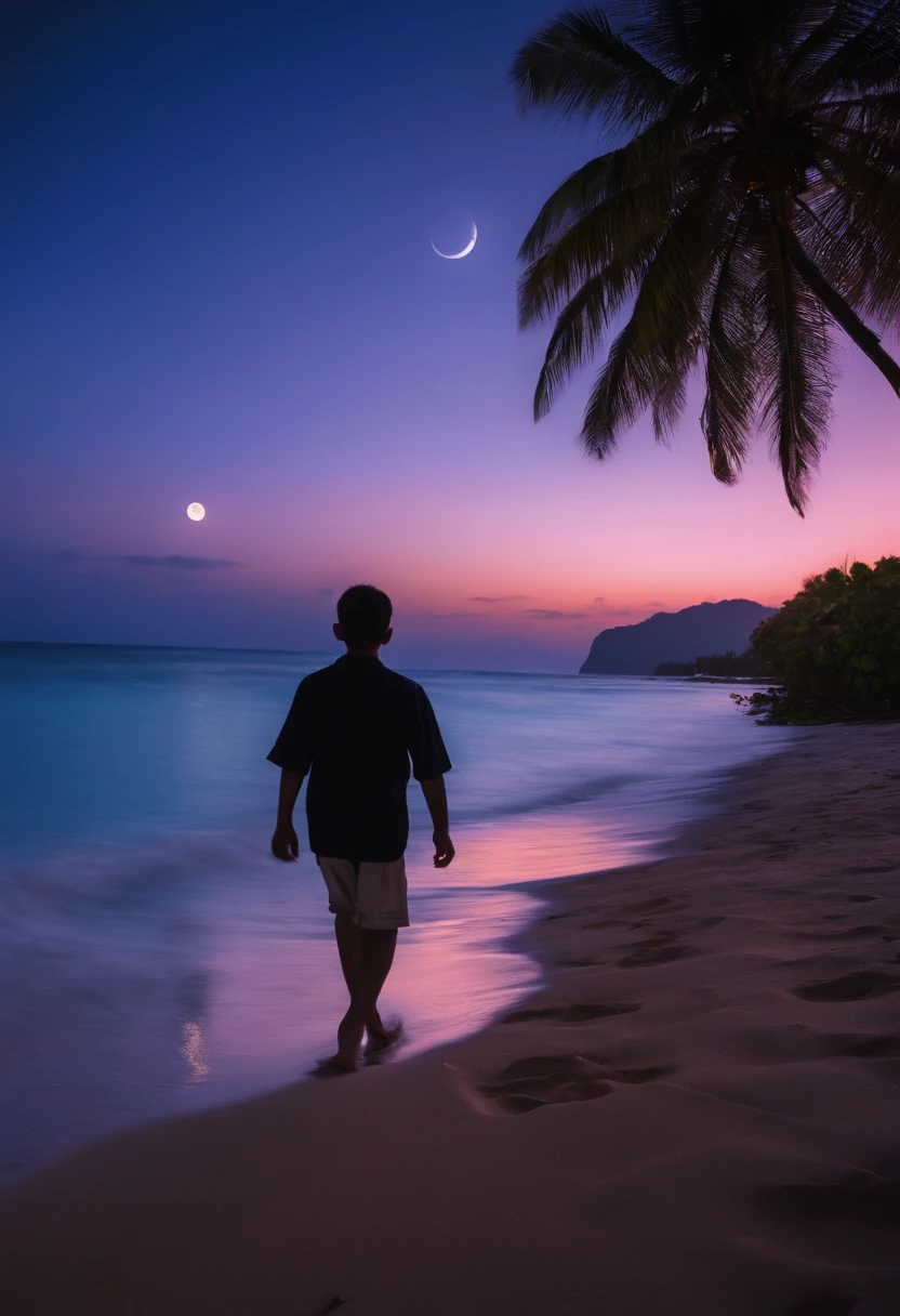 Middle-aged boy walking calmly along a paradisiacal beach under the moonlight