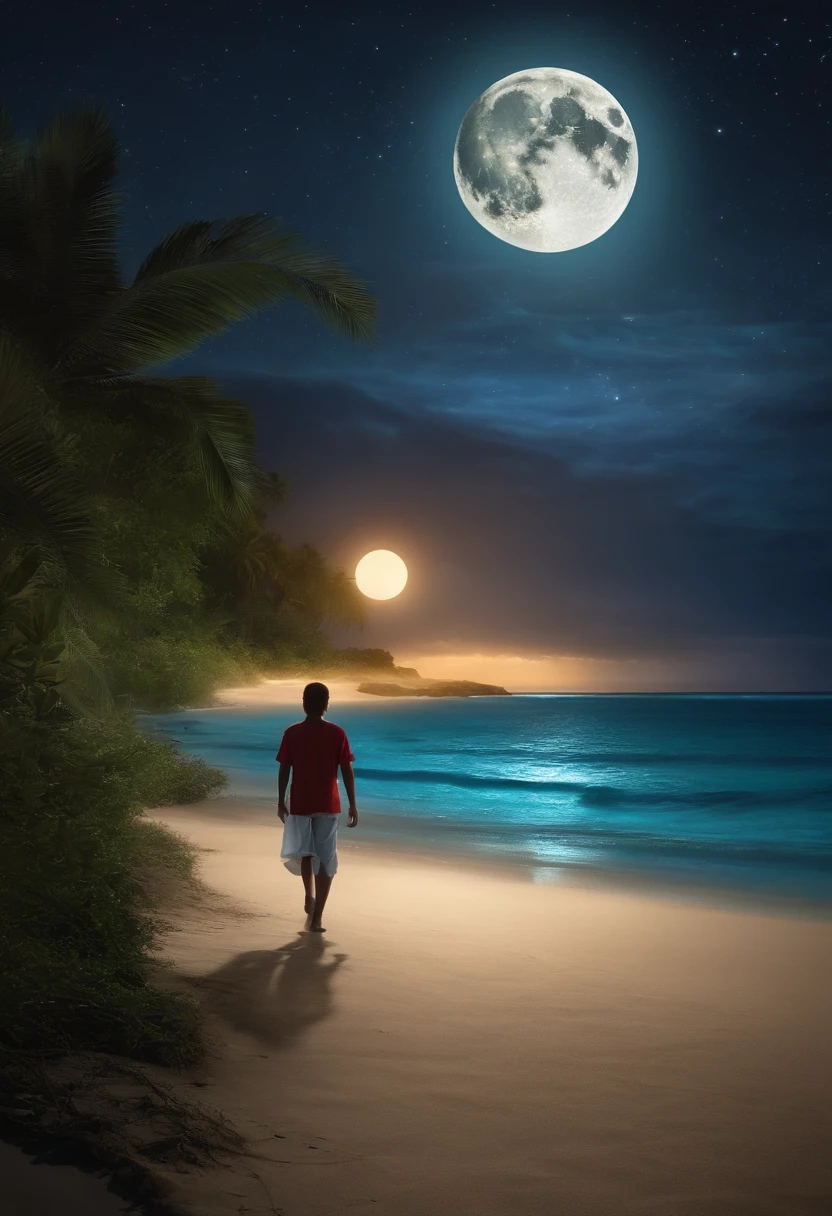 Middle-aged boy walking calmly along a paradisiacal beach under the moonlight