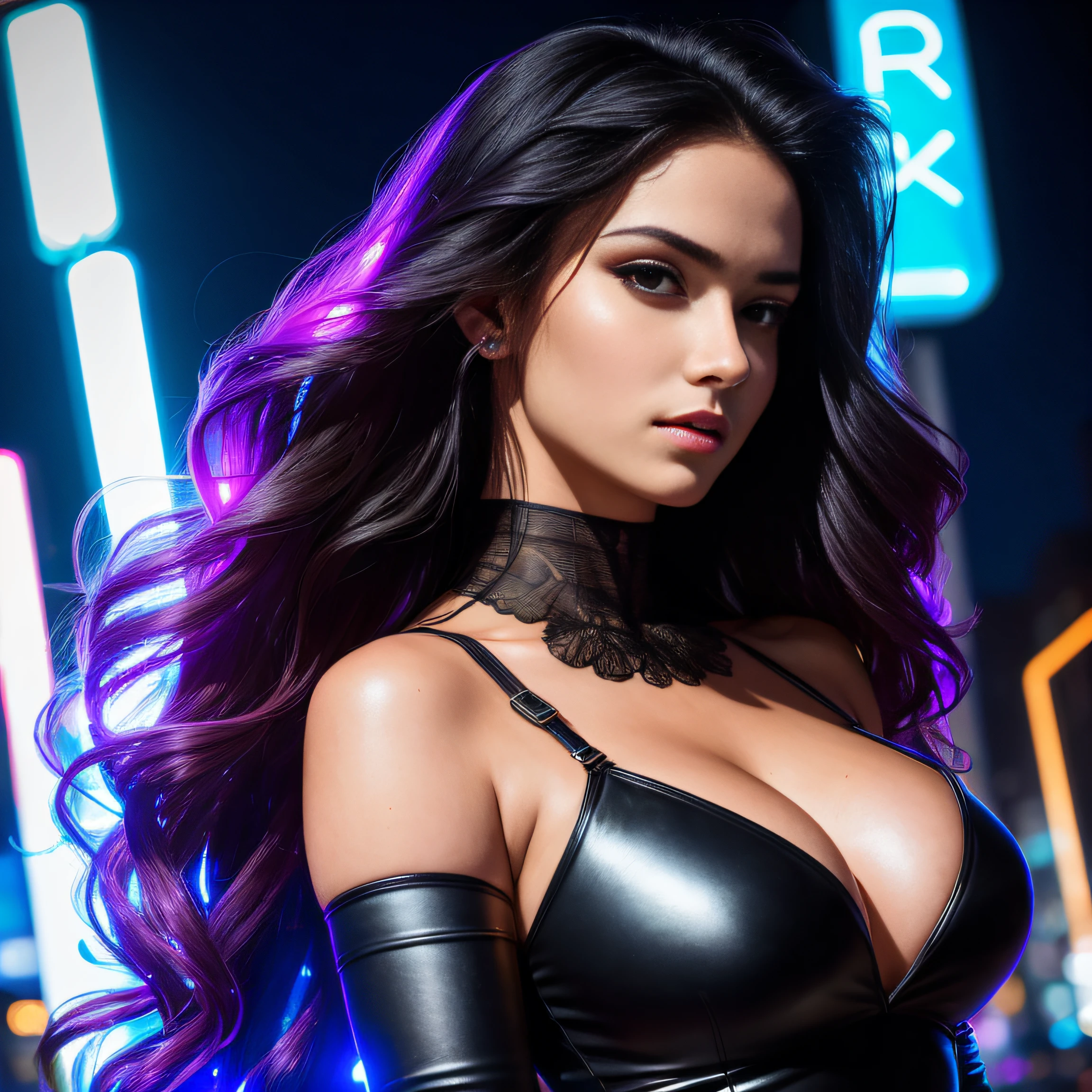 amoled ultra realistic photograph of a 25 years old european girl, RAW, beautiful woman, (long wavy black hair:1.2), ((detailed face:1.2)), ((detailed facial features)), (finely detailed skin), light skin, (high detailed deep cleavage cyberpunk steel dress), (thigh high stockings:1.2), dark background, (cold colors), damp, moist, neon reflections, (masterpiece) (perfect proportions)(realistic photo),(best quality), (detailed), (neon lighting:1.2), (sharp focus) (intricate)