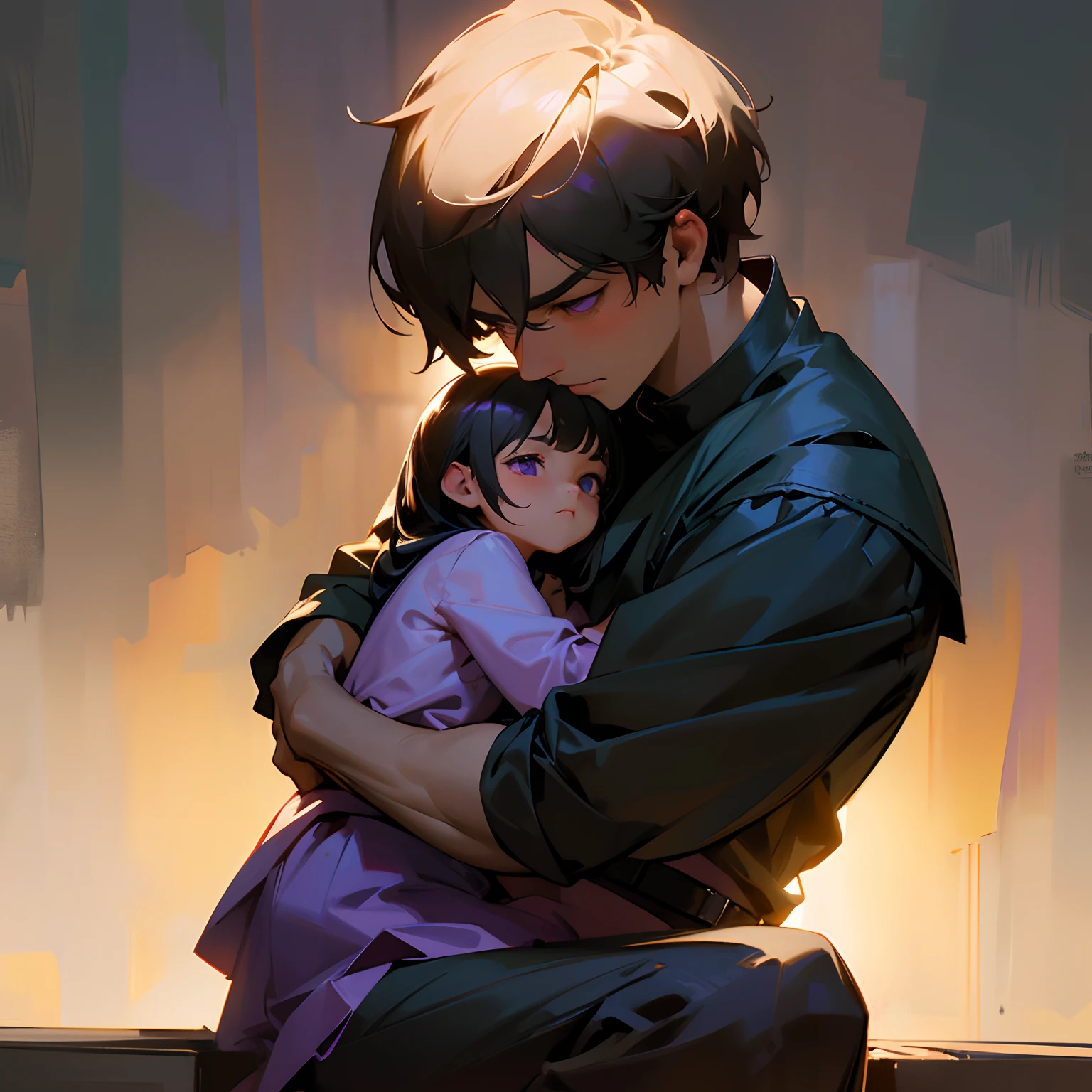 A father with his daughter in his lap, They have purple eyes and black hair, both have calm expressions on their faces, the scene is captured up close, Highlight the detailed features of the models. The image is of the highest quality, With highly detailed elements, And a realistic or realistic style of presentation. The colors in the picture are vivid and vibrant, With a warm accent. Lighting in the landscape is soft and gentle, Lighting subjects in a beautiful way
