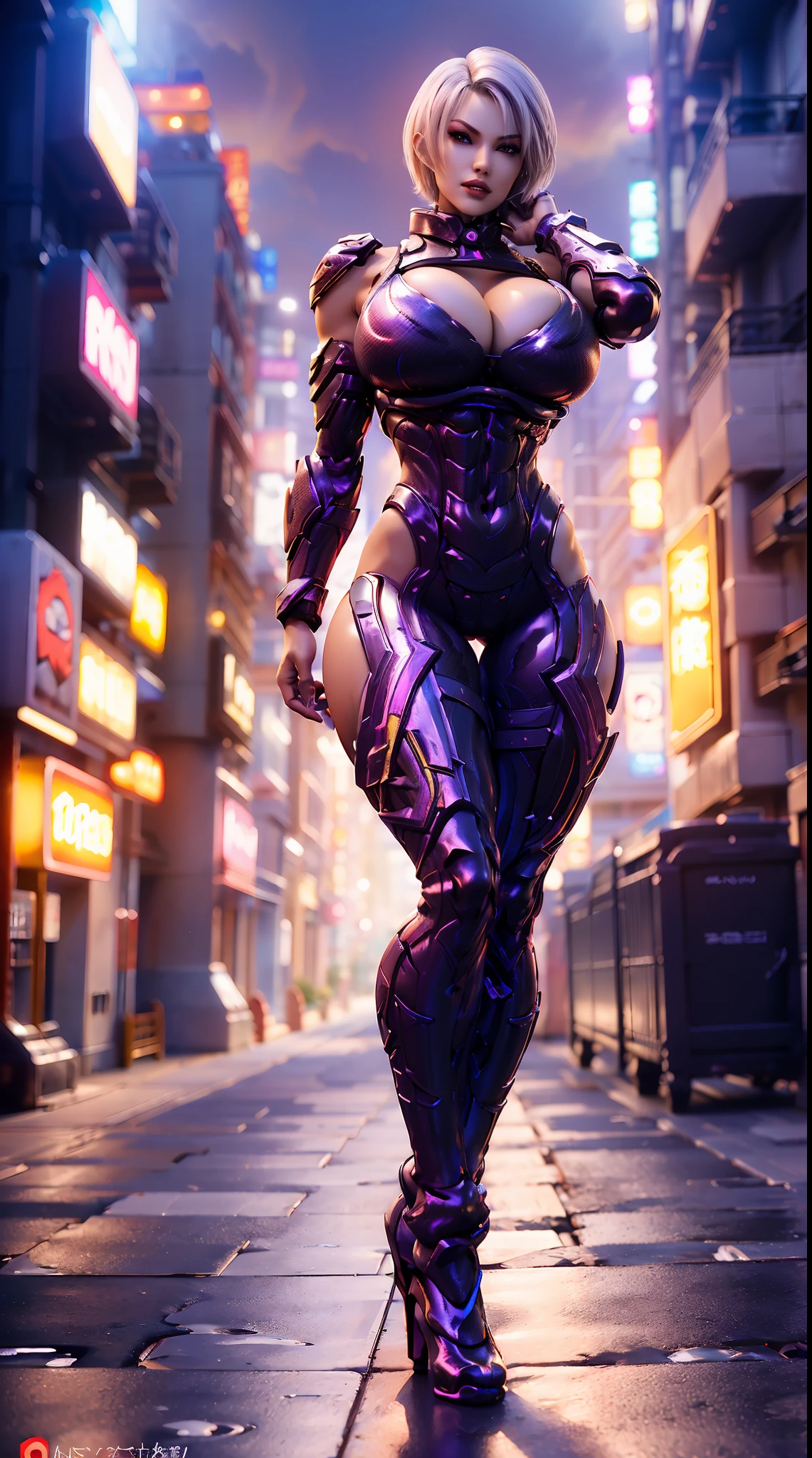 (DRAGON QUEEN), WHITE SHORT HAIR, (HUGE FAKE BOOBS), (BEAUTIFUL FACE), (PURPLE, BLACK, RED), (STREET CITY BACKGROUND), (FUTURISTIC MECHA BRA), (CLEAVAGE), (SKINTIGHT YOGA PANTS), (HIGH HEELS), (PERFECT BODY:1.2), (FULL BODY VIEW), (LOOKING AT VIEWER), (STANDING:1.3), MUSCULAR BODY, MUSCLE ABS, UHD, 8K, 1080P.
