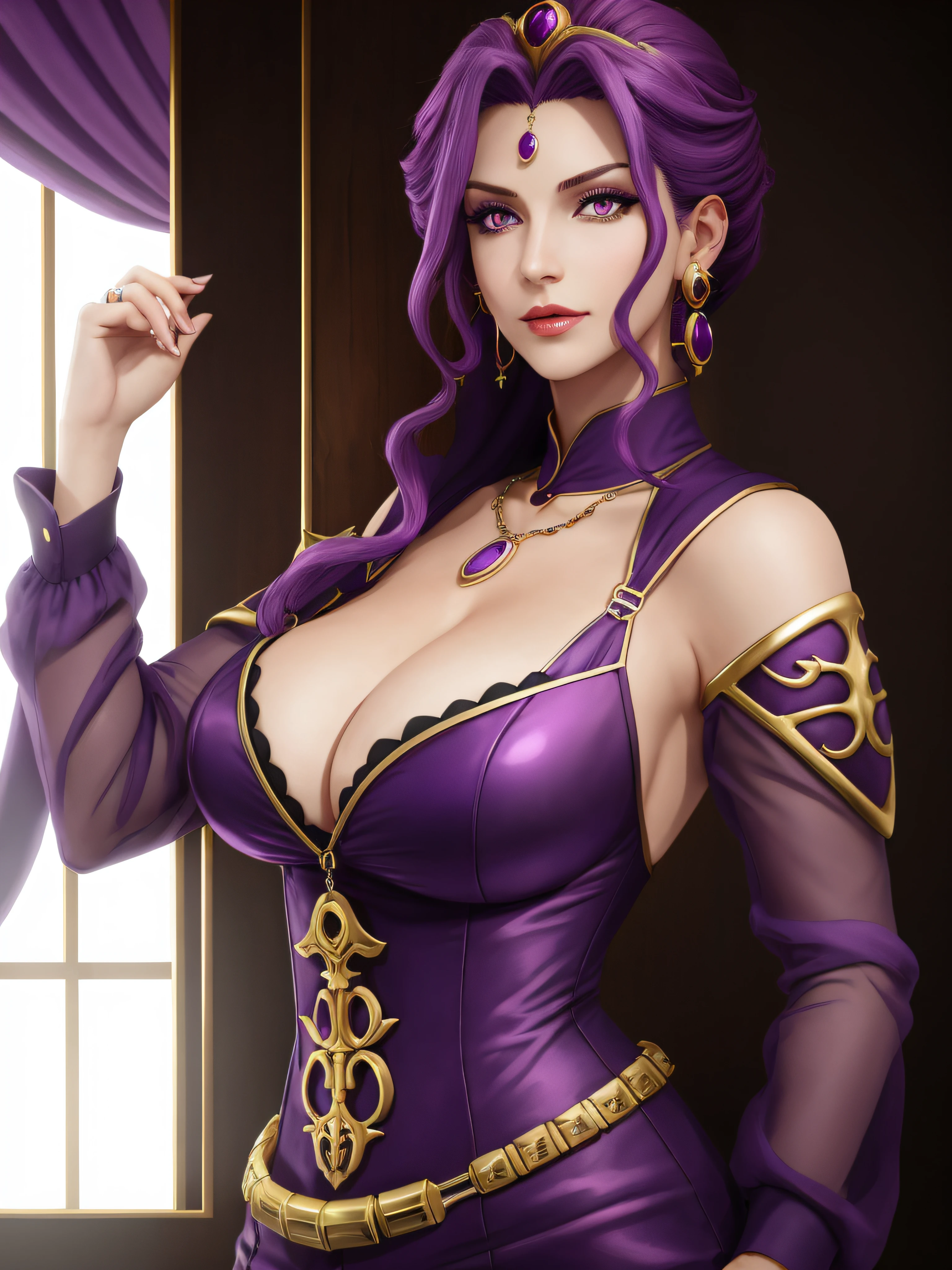 Mirellia_Q_Melromarc, big_breasts, purple_hair, purple_eyes, jewelry, earrings