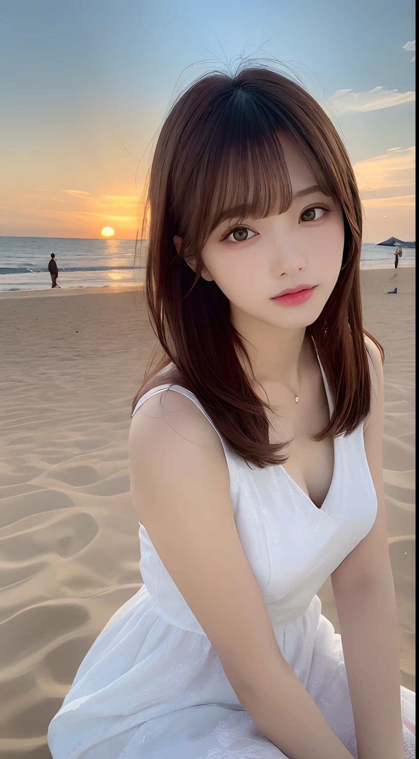 masutepiece, Best Quality, Illustration, Ultra-detailed, finely detail, hight resolution, 8K Wallpaper, Perfect dynamic composition, Beautiful detailed eyes, Wear a dress, Natural Color Lip,Beach, Random and cute poses, flowing bangs, Sunset,small tits,beauty legs,KPOP Idol Face,Perfect and beautiful face,Cute,Physical education sitting