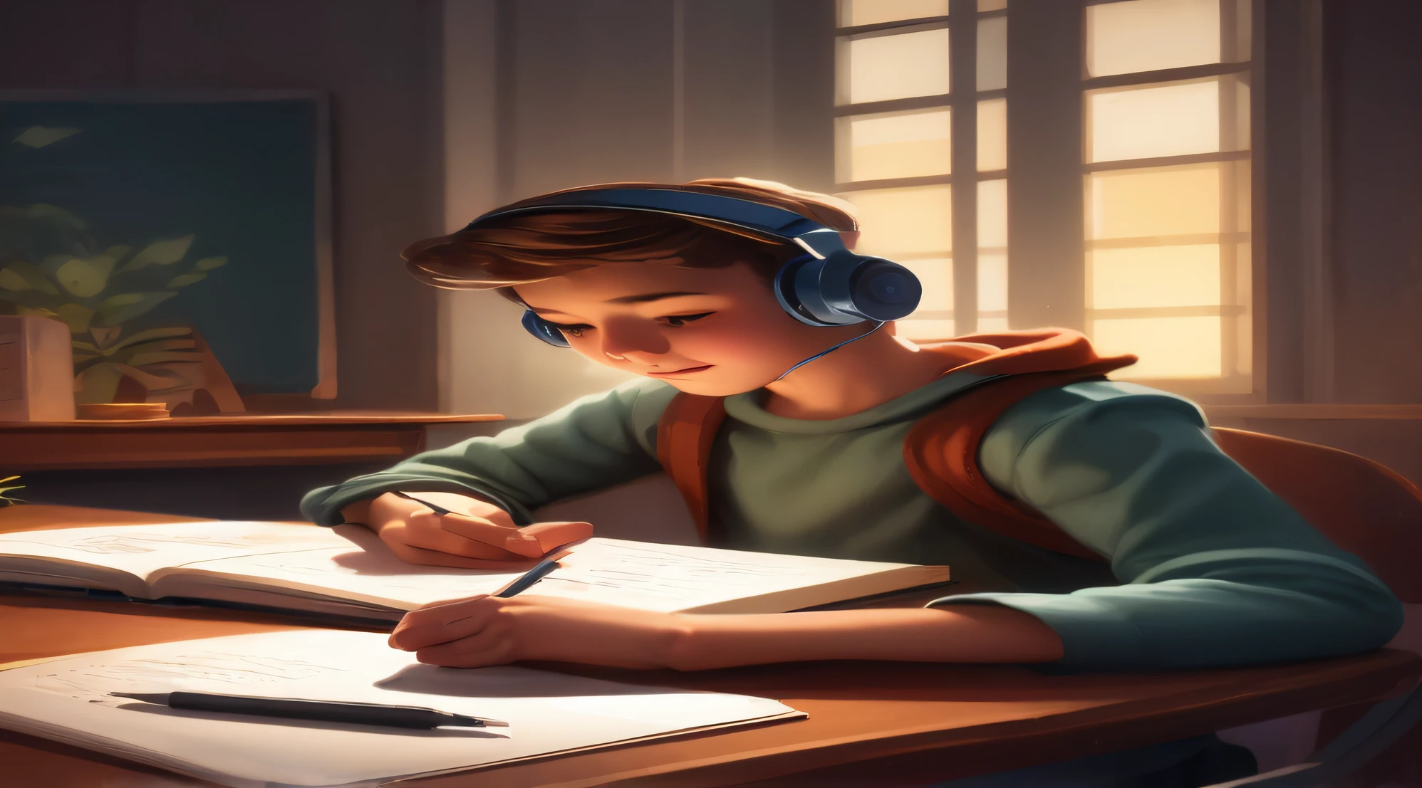 sentado em uma mesa escrevendo em um caderno com fones de ouvido ligados, estilo de arte realista, Procreate Illustration, tentando estudar, Estudar, Mestrado, Chiaroscuro estudioso, arte de fundo, estudar em uma sala iluminada, estudioso, Arte infantil em Artstation, Retrato Lofi, estilo de arte fotorrealista, estilo de arte realista, painting digital adorable