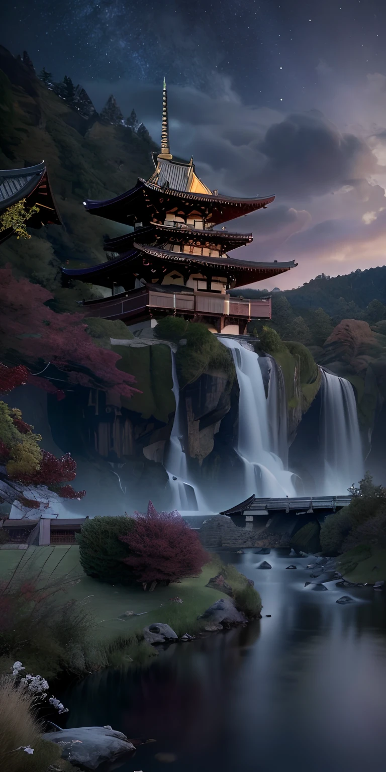 Masterpiece, best quality, high quality, extremely detailed CG unity 8k wallpaper, outdoor, sky, clouds, night, no humans, mountain, chinese style palace sits on the hillside, moonlight, cinemagraph, landscape, water, trees, dark sky, waterfall, cliff, nature, lake, river, cloudy sky, award winning photography, bokeh, depth of field, hdr, bloom, chromatic aberration, photorealistic, highly detailed, trending on artstation, trending on CGsociety, intricate, high detail, dramatic, halfway art