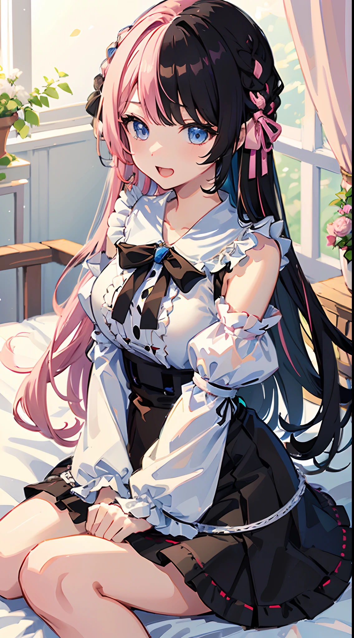 ((8K, Highest Quality, masutepiece)) 1 girl, long(multicolored hair:1.2)、Light blue eyes、 Laughing、Moderately breasts、White ruffled clothes、Ribbon at chest、((Black miniskirt))、sit on a bed、armpits