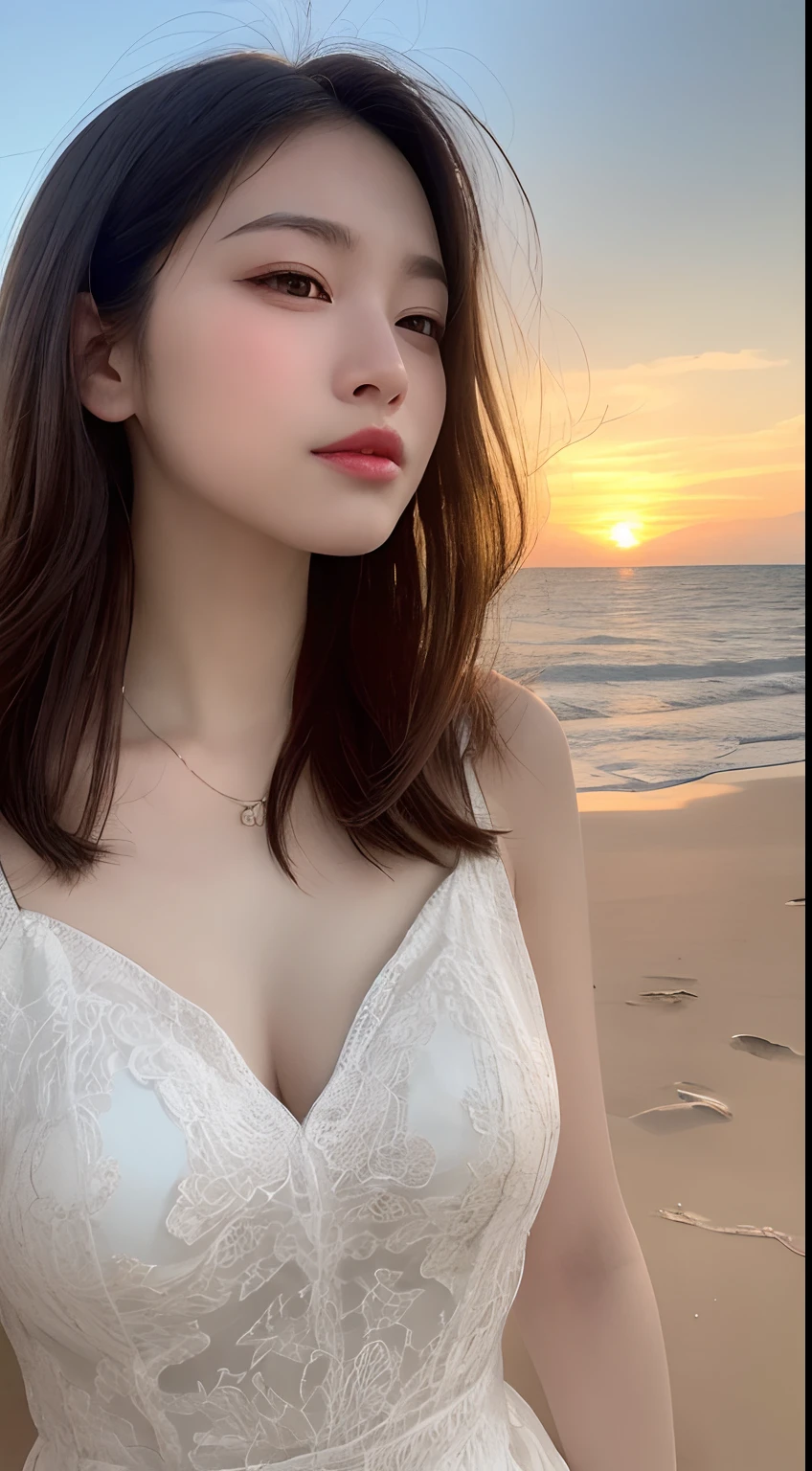masutepiece, Best Quality, Illustration, Ultra-detailed, finely detail, hight resolution, 8K Wallpaper, Perfect dynamic composition, Beautiful detailed eyes, Wear a dress, Natural Color Lip,Beach, Random and cute poses, Kissing face,Close your eyes,Face Kiss Viewer,Perfect and beautiful face,Cute,Sexy face,Raise chin,Sunset,A face that felt ecstasy
